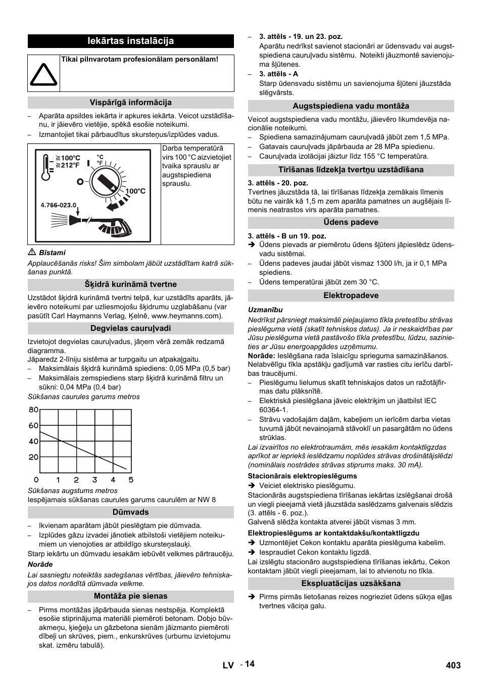 Iekārtas instalācija, Tikai pilnvarotam profesionālam personālam, Vispārīgā informācija | M bīstami, Šķidrā kurināmā tvertne, Degvielas cauruļvadi, Sūkšanas caurules garums metros, Sūkšanas augstums metros, Dūmvads, Ikvienam aparātam jābūt pieslēgtam pie dūmvada | Karcher HDS 9-14-4 ST User Manual | Page 403 / 450