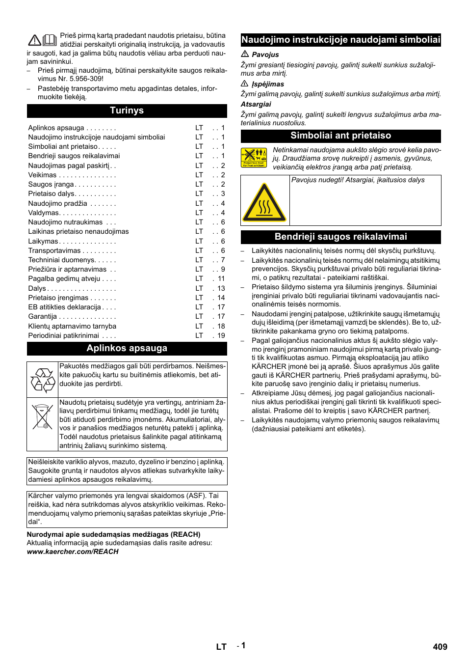 Lietuviškai, Turinys, Aplinkos apsauga | Nurodymai apie sudedamąsias medžiagas (reach), Www.kaercher.com/reach, Naudojimo instrukcijoje naudojami simboliai, M pavojus, N įspėjimas, Atsargiai, Simboliai ant prietaiso | Karcher HDS 9-14-4 ST User Manual | Page 409 / 450