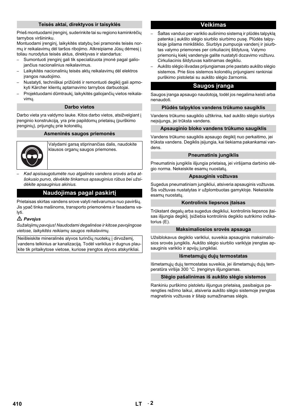 Teisės aktai, direktyvos ir taisyklės, Darbo vietos, Asmeninės saugos priemonės | Naudojimas pagal paskirtį, M pavojus, Veikimas, Saugos įranga, Plūdės talpyklos vandens trūkumo saugiklis, Apsauginio bloko vandens trūkumo saugiklis, Pneumatinis jungiklis | Karcher HDS 9-14-4 ST User Manual | Page 410 / 450