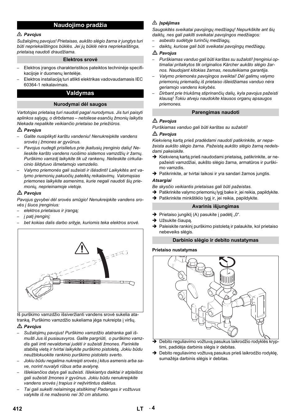 Naudojimo pradžia, N pavojus, Elektros srovė | Valdymas, Nurodymai dėl saugos, M pavojus, Elektros prietaisus ir įrangą, Į patį įrenginį, N įspėjimas, Asbesto sudėtyje turinčių medžiagų | Karcher HDS 9-14-4 ST User Manual | Page 412 / 450