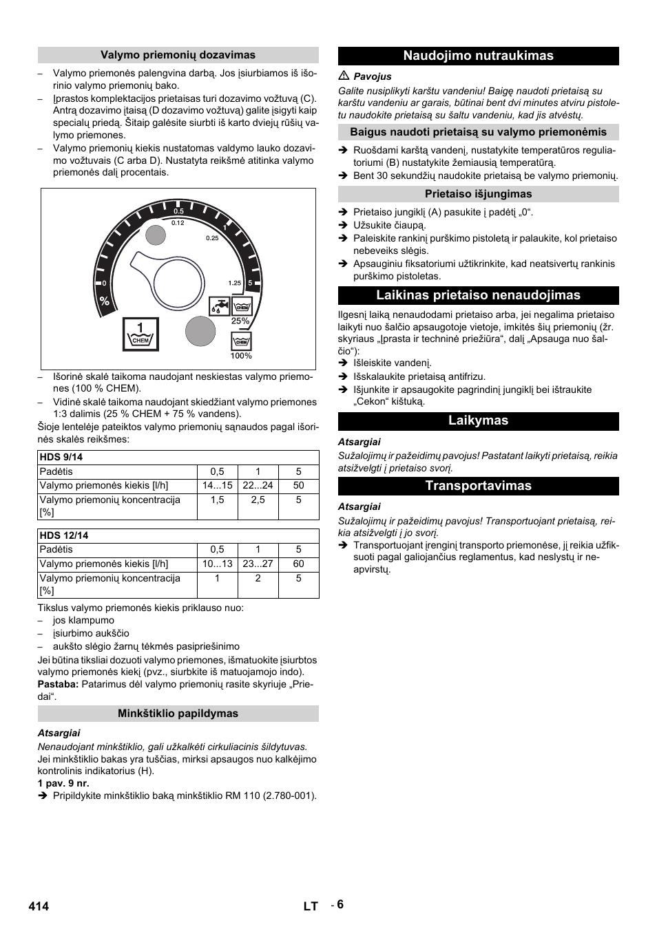 Valymo priemonių dozavimas, Hds 9/14, Padėtis | Valymo priemonės kiekis [l/h, Valymo priemonių koncentracija, Hds 12/14, Tikslus valymo priemonės kiekis priklauso nuo, Jos klampumo, Įsiurbimo aukščio, Aukšto slėgio žarnų tėkmės pasipriešinimo | Karcher HDS 9-14-4 ST User Manual | Page 414 / 450