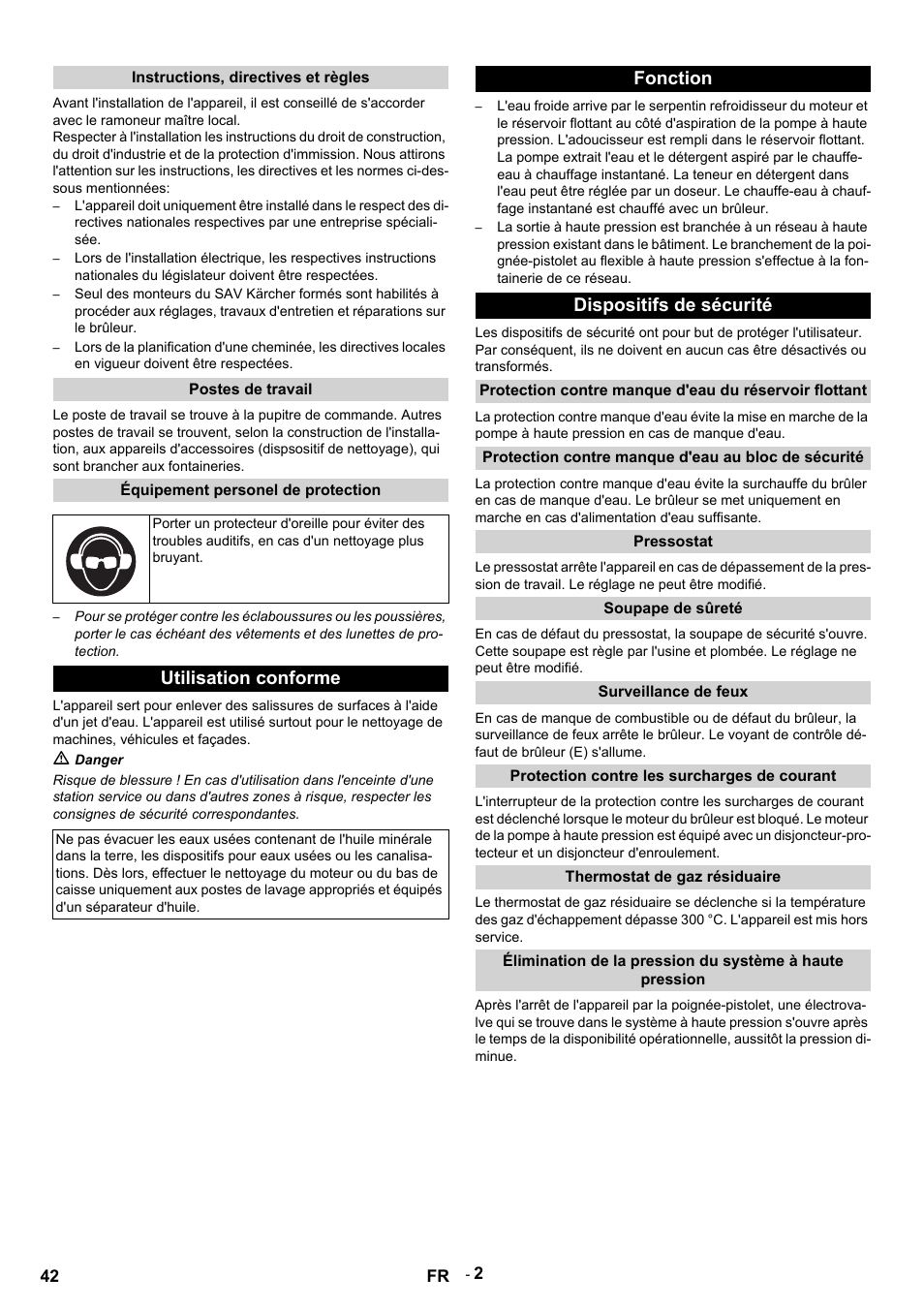 Instructions, directives et règles, Postes de travail, Équipement personel de protection | Utilisation conforme, M danger, Fonction, Dispositifs de sécurité, Protection contre manque d'eau au bloc de sécurité, Pressostat, Soupape de sûreté | Karcher HDS 9-14-4 ST User Manual | Page 42 / 450