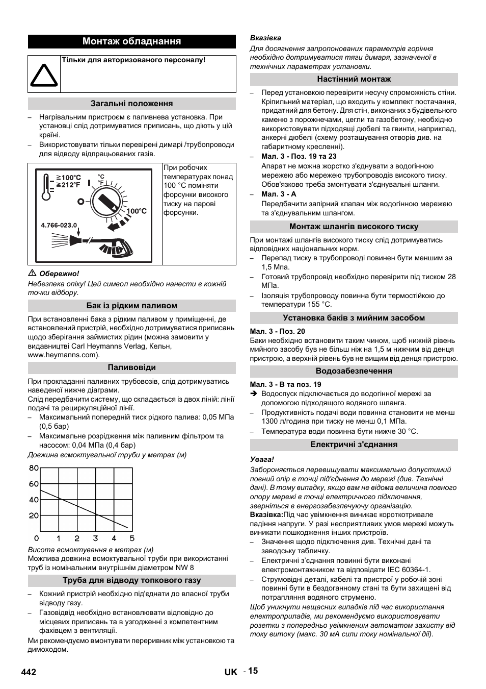 Монтаж обладнання, Тільки для авторизованого персоналу, Загальні положення | M обережно, Бак із рідким паливом, Паливовіди, Довжина всмоктувальної труби у метрах (м), Висота всмоктування в метрах (м), Труба для відводу топкового газу, Вказівка | Karcher HDS 9-14-4 ST User Manual | Page 442 / 450