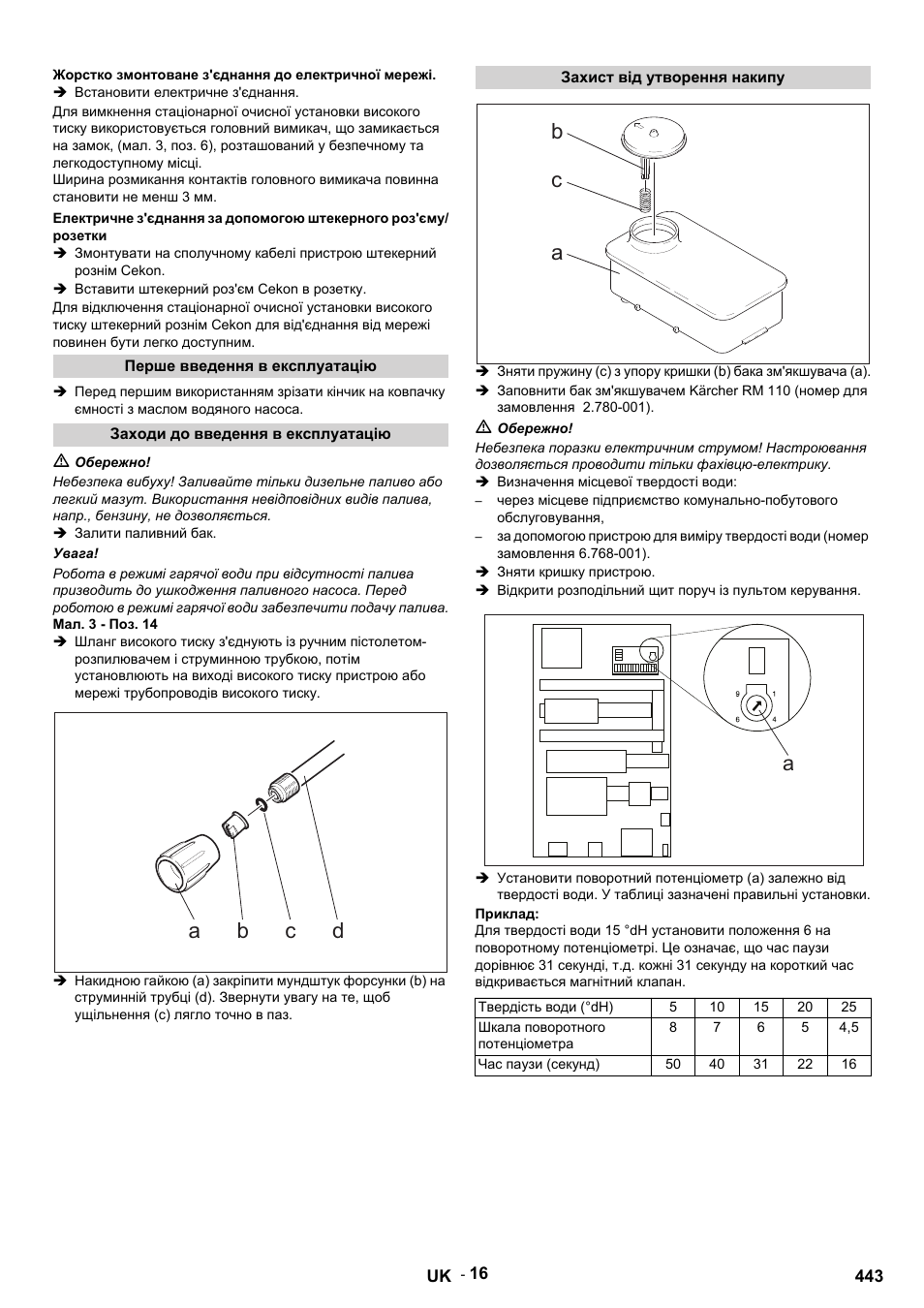 Жорстко змонтоване з'єднання до електричної мережі, Встановити електричне з'єднання, Вставити штекерний роз'єм cekon в розетку | Перше введення в експлуатацію, Заходи до введення в експлуатацію, M обережно, Залити паливний бак, Увага, Мал. 3 - поз. 14, Захист від утворення накипу | Karcher HDS 9-14-4 ST User Manual | Page 443 / 450