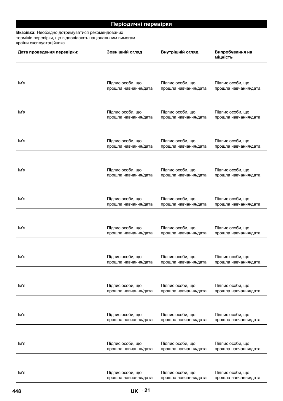 Періодичні перевірки, Дата проведення перевірки, Зовнішній огляд | Внутрішній огляд, Випробування на міцність, Ім'я, Підпис особи, що прошла навчання/дата | Karcher HDS 9-14-4 ST User Manual | Page 448 / 450