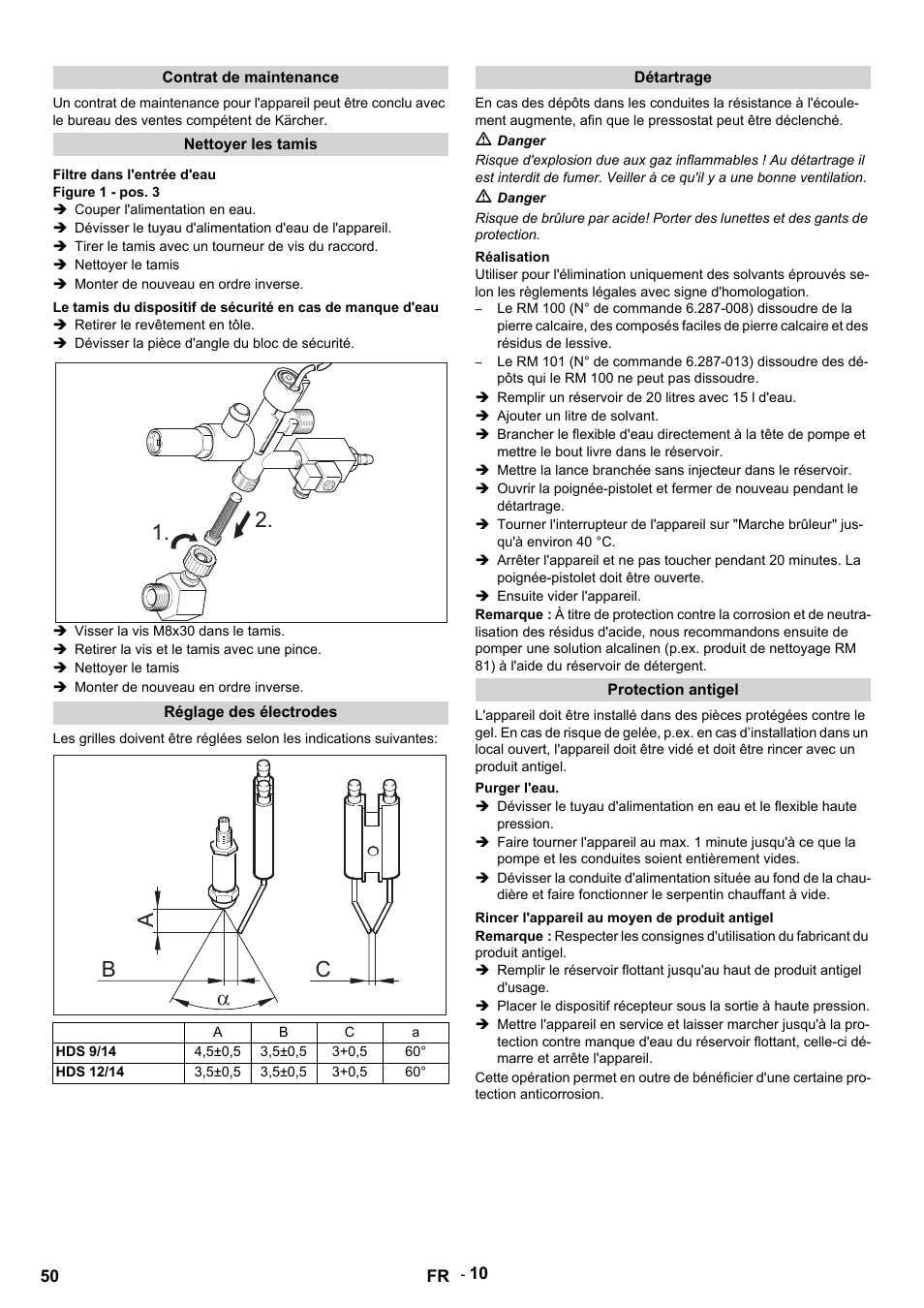 Contrat de maintenance, Nettoyer les tamis, Filtre dans l'entrée d'eau | Figure 1 - pos. 3, Couper l'alimentation en eau, Tirer le tamis avec un tourneur de vis du raccord, Nettoyer le tamis, Monter de nouveau en ordre inverse, Retirer le revêtement en tôle, Dévisser la pièce d'angle du bloc de sécurité | Karcher HDS 9-14-4 ST User Manual | Page 50 / 450