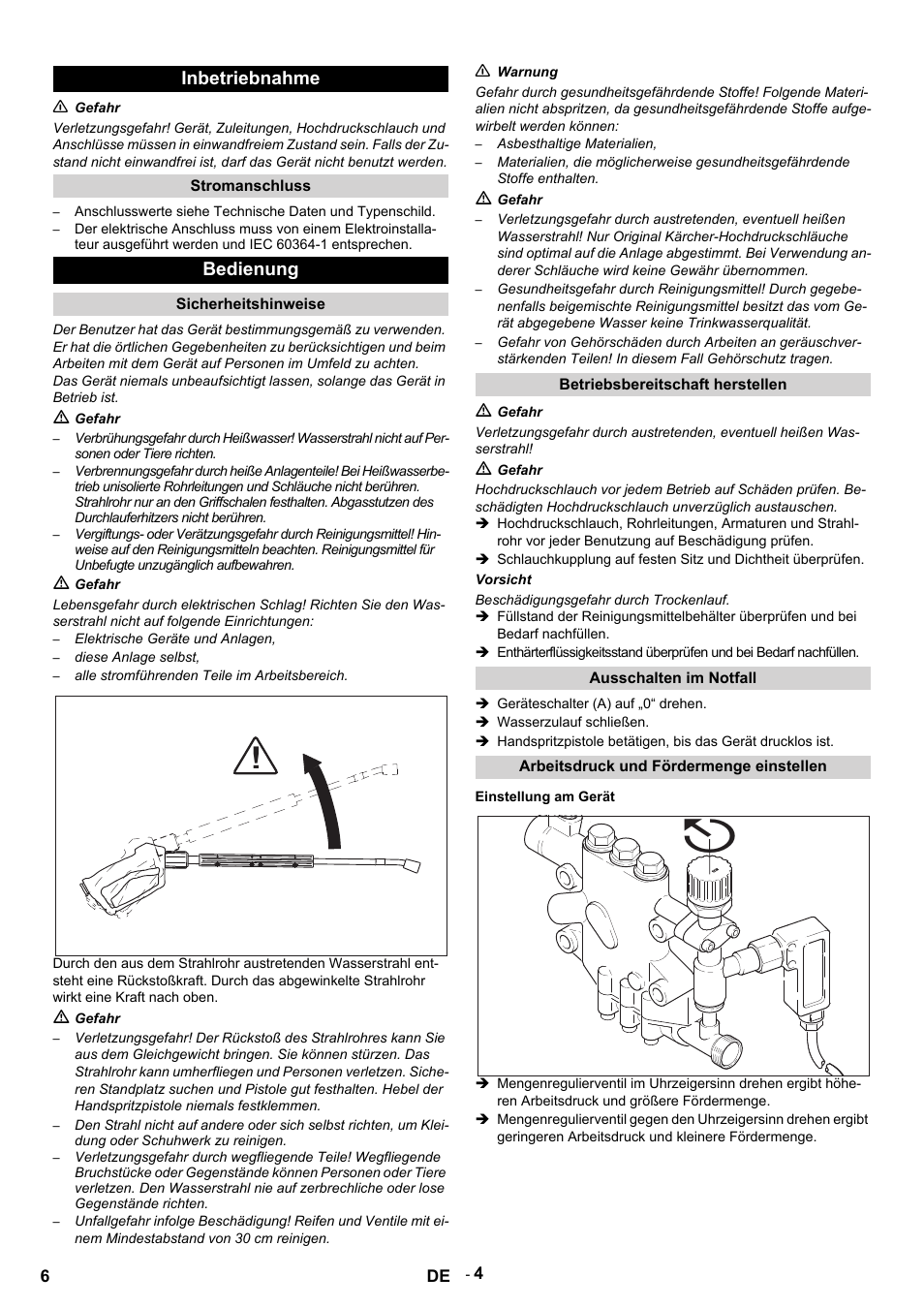 Inbetriebnahme, N gefahr, Stromanschluss | Bedienung, Sicherheitshinweise, M gefahr, Elektrische geräte und anlagen, Diese anlage selbst, Alle stromführenden teile im arbeitsbereich, N warnung | Karcher HDS 9-14-4 ST User Manual | Page 6 / 450