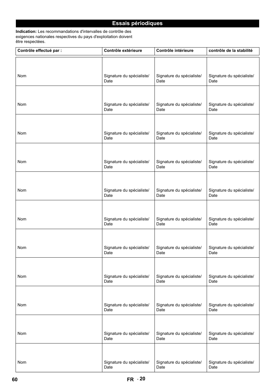 Essais périodiques, Contrôle effectué par, Contrôle extérieure | Contrôle intérieure, Contrôle de la stabilité, Signature du spécialiste/ date | Karcher HDS 9-14-4 ST User Manual | Page 60 / 450