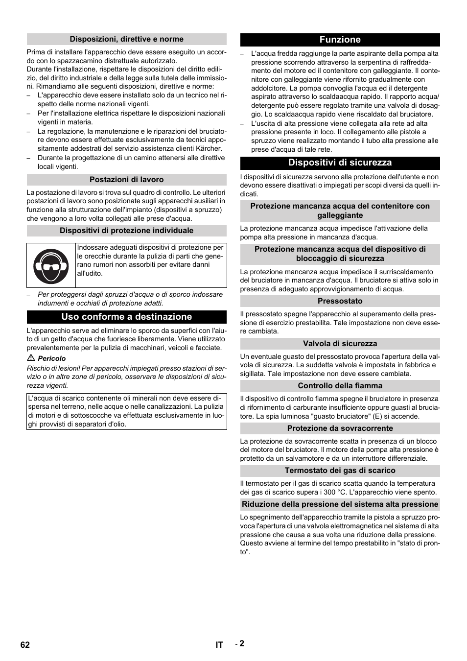 Disposizioni, direttive e norme, Postazioni di lavoro, Dispositivi di protezione individuale | Uso conforme a destinazione, M pericolo, Funzione, Dispositivi di sicurezza, Pressostato, Valvola di sicurezza, Controllo della fiamma | Karcher HDS 9-14-4 ST User Manual | Page 62 / 450