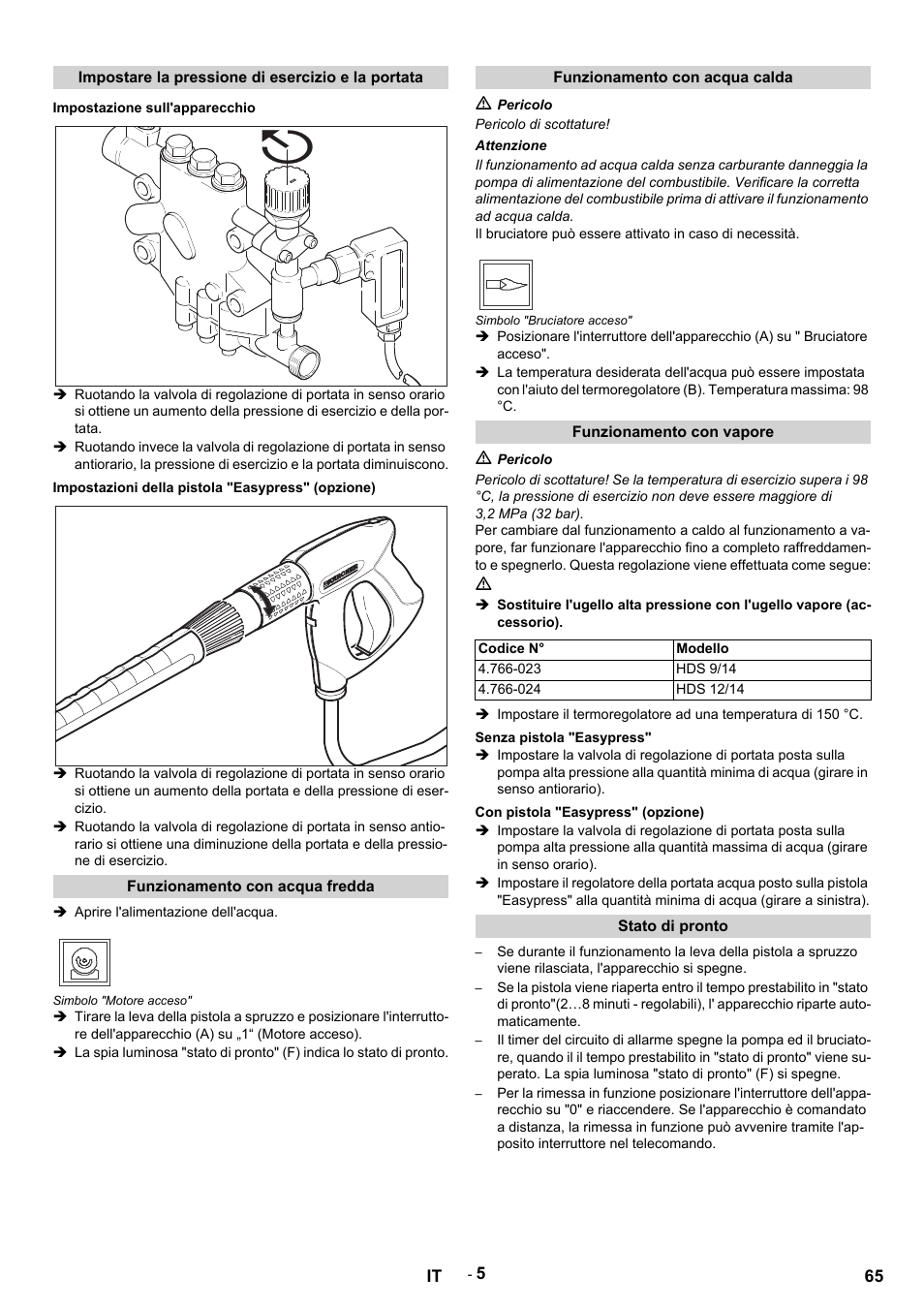 Impostare la pressione di esercizio e la portata, Impostazione sull'apparecchio, Impostazioni della pistola 