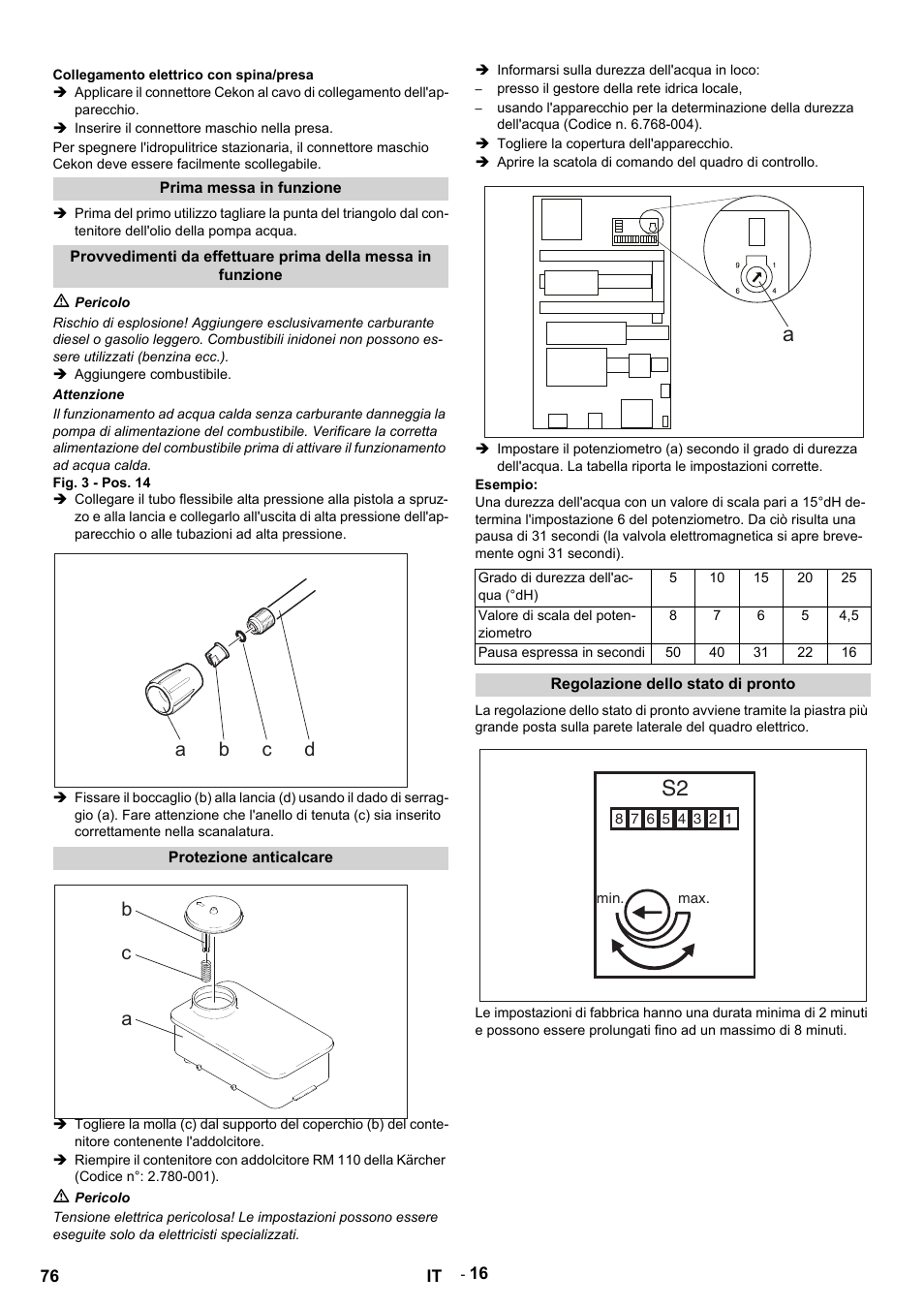 Collegamento elettrico con spina/presa, Inserire il connettore maschio nella presa, Prima messa in funzione | M pericolo, Aggiungere combustibile, Attenzione, Fig. 3 - pos. 14, Protezione anticalcare, Informarsi sulla durezza dell'acqua in loco, Presso il gestore della rete idrica locale | Karcher HDS 9-14-4 ST User Manual | Page 76 / 450