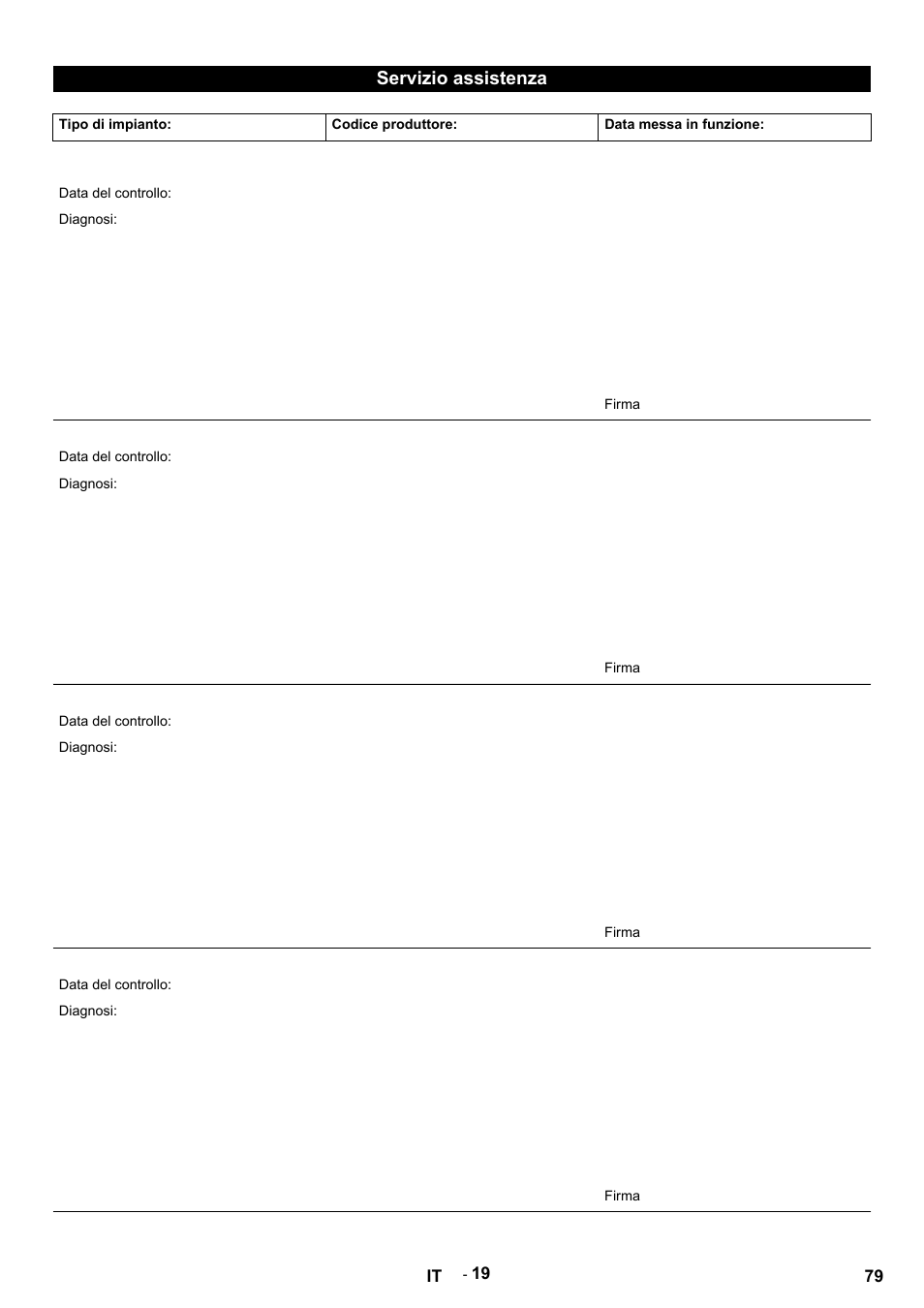 Servizio assistenza, Tipo di impianto, Codice produttore | Data messa in funzione, Data del controllo, Diagnosi, Firma | Karcher HDS 9-14-4 ST User Manual | Page 79 / 450