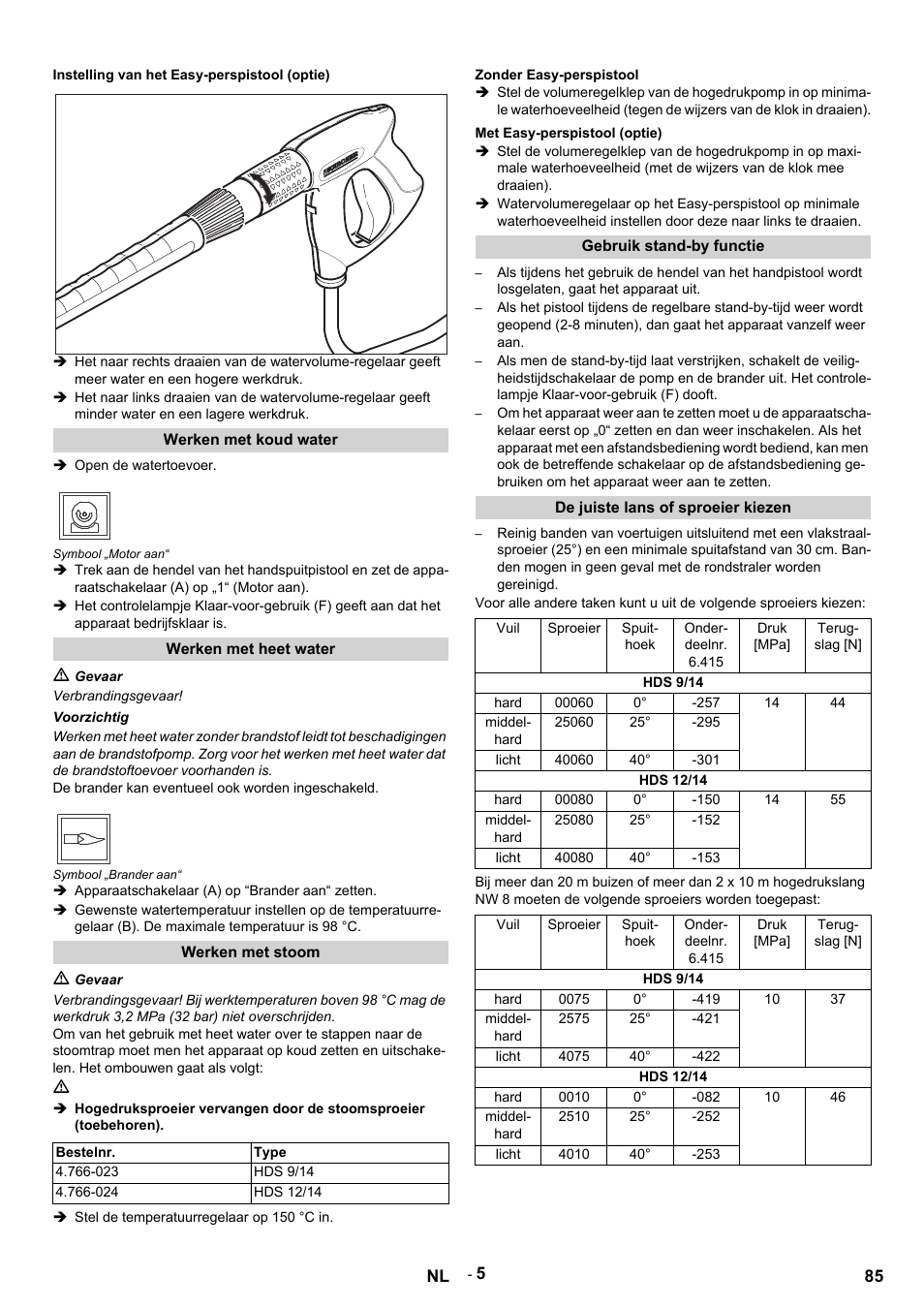 Instelling van het easy-perspistool (optie), Werken met koud water, Open de watertoevoer | Symbool „motor aan, Werken met heet water, M gevaar, Verbrandingsgevaar, Voorzichtig, De brander kan eventueel ook worden ingeschakeld, Symbool „brander aan | Karcher HDS 9-14-4 ST User Manual | Page 85 / 450