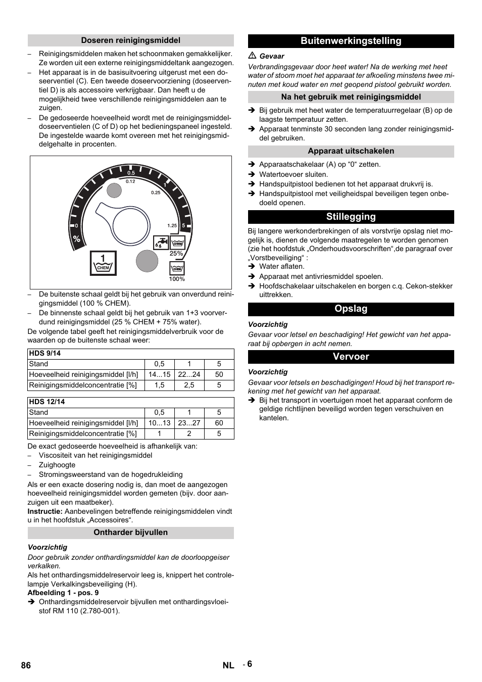 Doseren reinigingsmiddel, Hds 9/14, Stand | Hoeveelheid reinigingsmiddel [l/h, Reinigingsmiddelconcentratie, Hds 12/14, De exact gedoseerde hoeveelheid is afhankelijk van, Viscositeit van het reinigingsmiddel, Zuighoogte, Stromingsweerstand van de hogedrukleiding | Karcher HDS 9-14-4 ST User Manual | Page 86 / 450