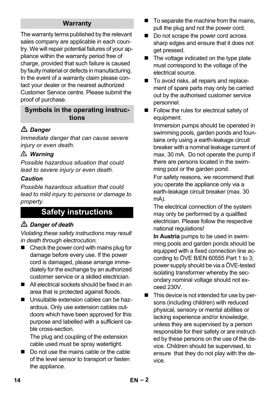 Warranty, Symbols in the operating instructions, Safety instructions | Karcher SCP 16000 IQ Level Sensor User Manual | Page 14 / 76