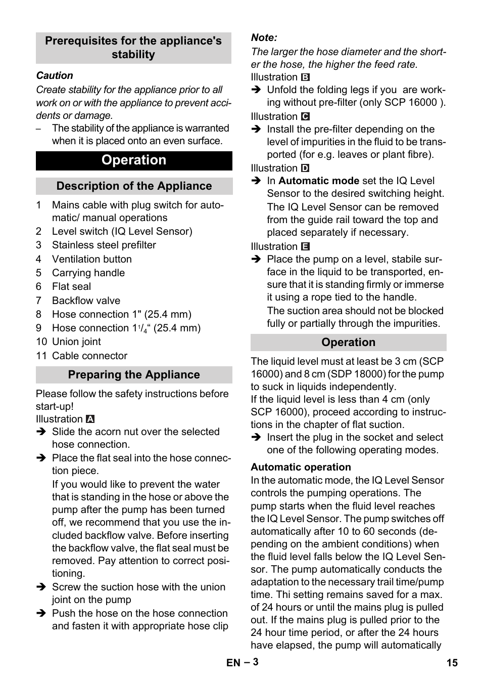 Prerequisites for the appliance's stability, Operation, Description of the appliance | Preparing the appliance, Automatic operation | Karcher SCP 16000 IQ Level Sensor User Manual | Page 15 / 76