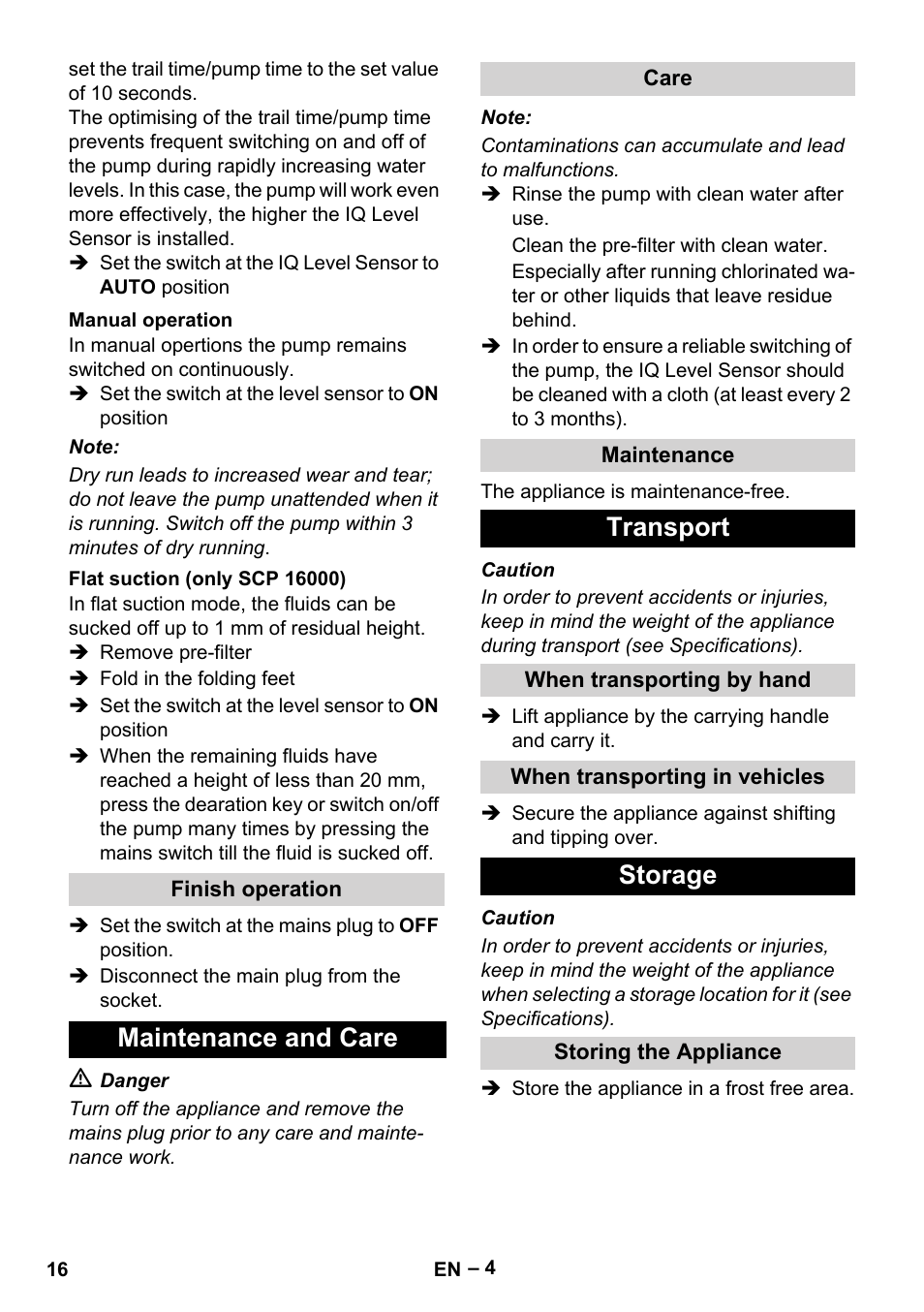 Manual operation, Flat suction (only scp 16000), Finish operation | Maintenance and care, Care, Maintenance, Transport, When transporting by hand, When transporting in vehicles, Storage | Karcher SCP 16000 IQ Level Sensor User Manual | Page 16 / 76