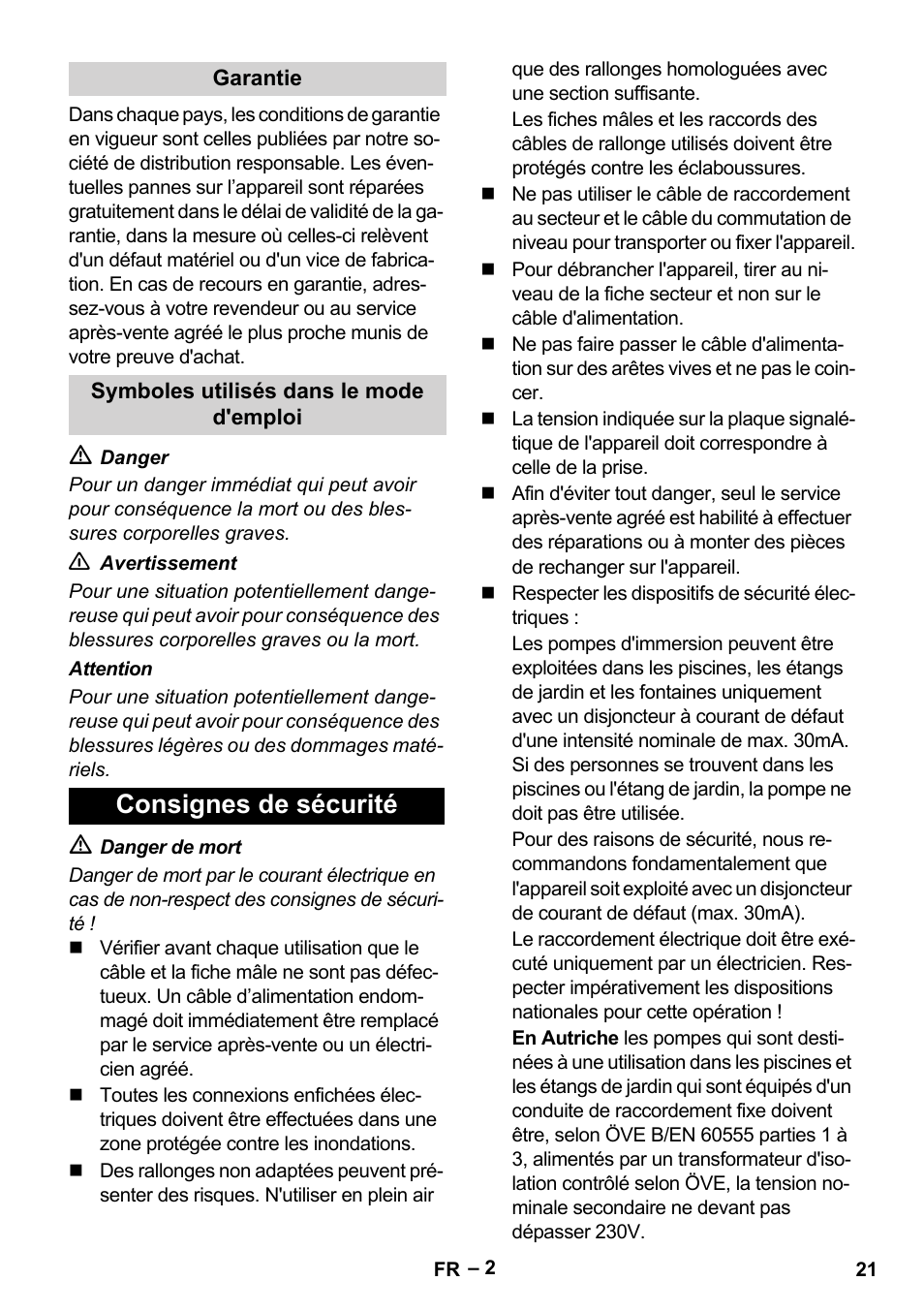 Garantie, Symboles utilisés dans le mode d'emploi, Consignes de sécurité | Karcher SCP 16000 IQ Level Sensor User Manual | Page 21 / 76