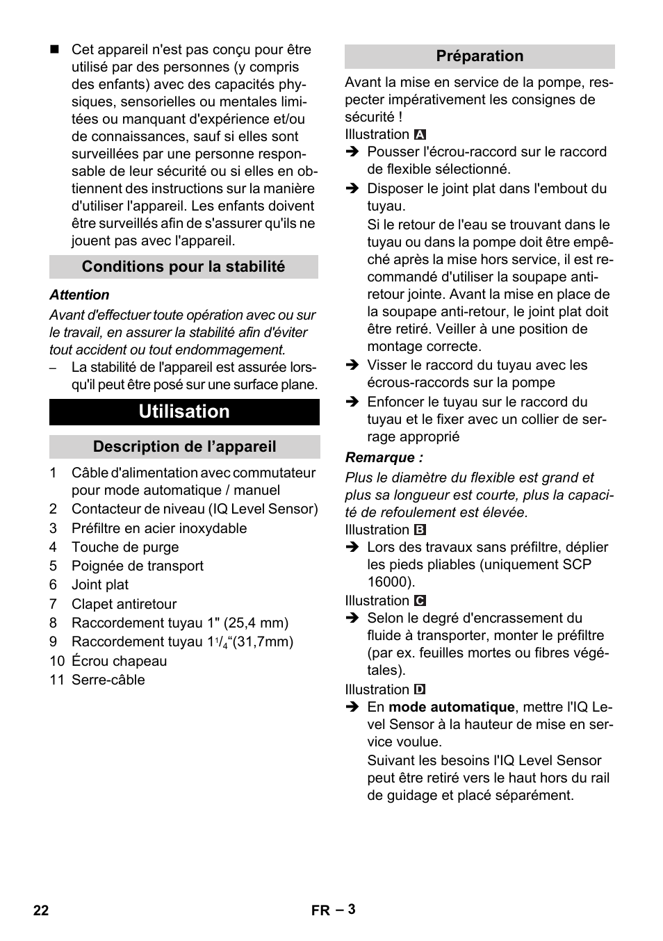 Conditions pour la stabilité, Utilisation, Description de l’appareil | Préparation | Karcher SCP 16000 IQ Level Sensor User Manual | Page 22 / 76
