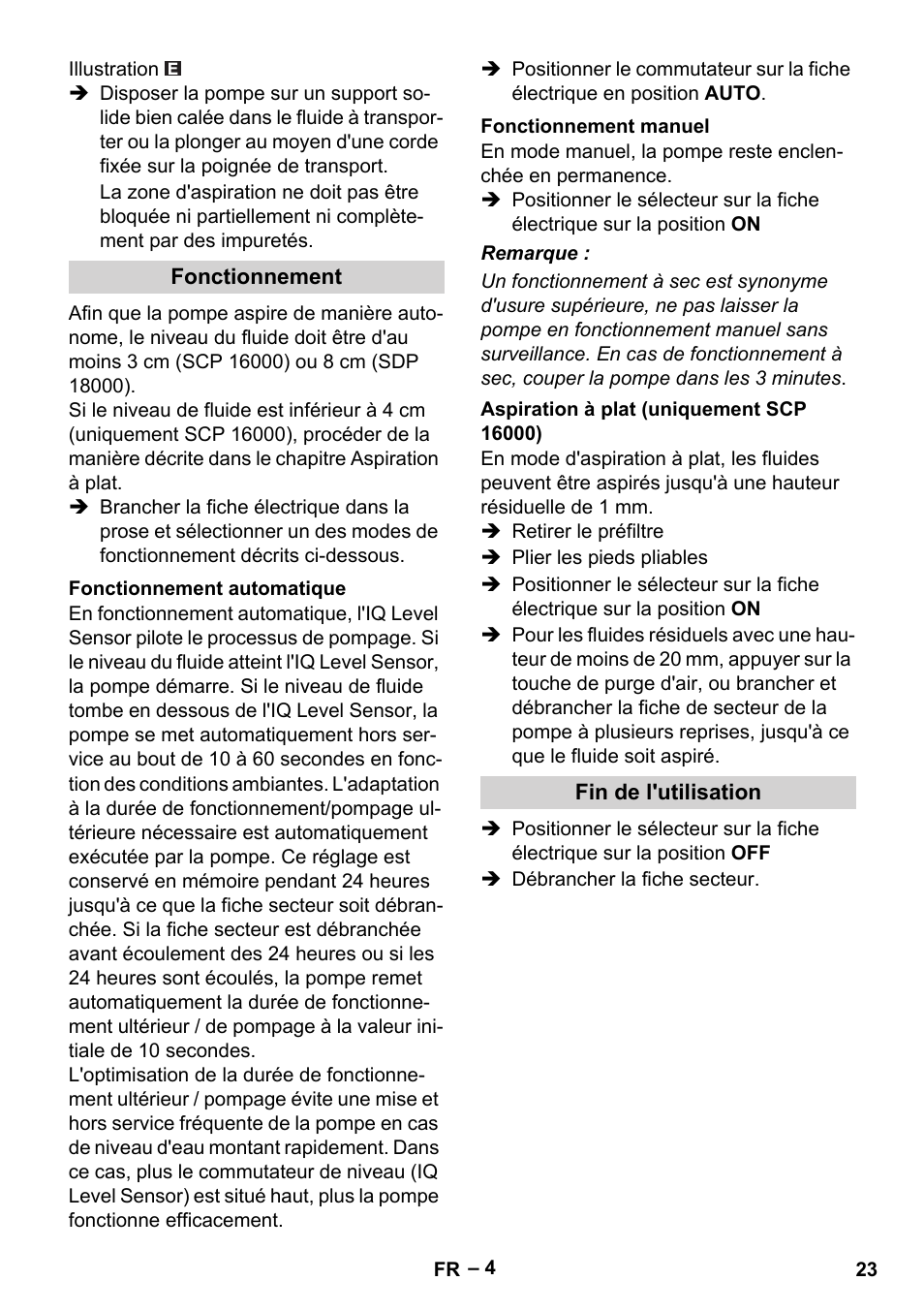 Fonctionnement, Fonctionnement automatique, Fonctionnement manuel | Aspiration à plat (uniquement scp 16000), Fin de l'utilisation | Karcher SCP 16000 IQ Level Sensor User Manual | Page 23 / 76