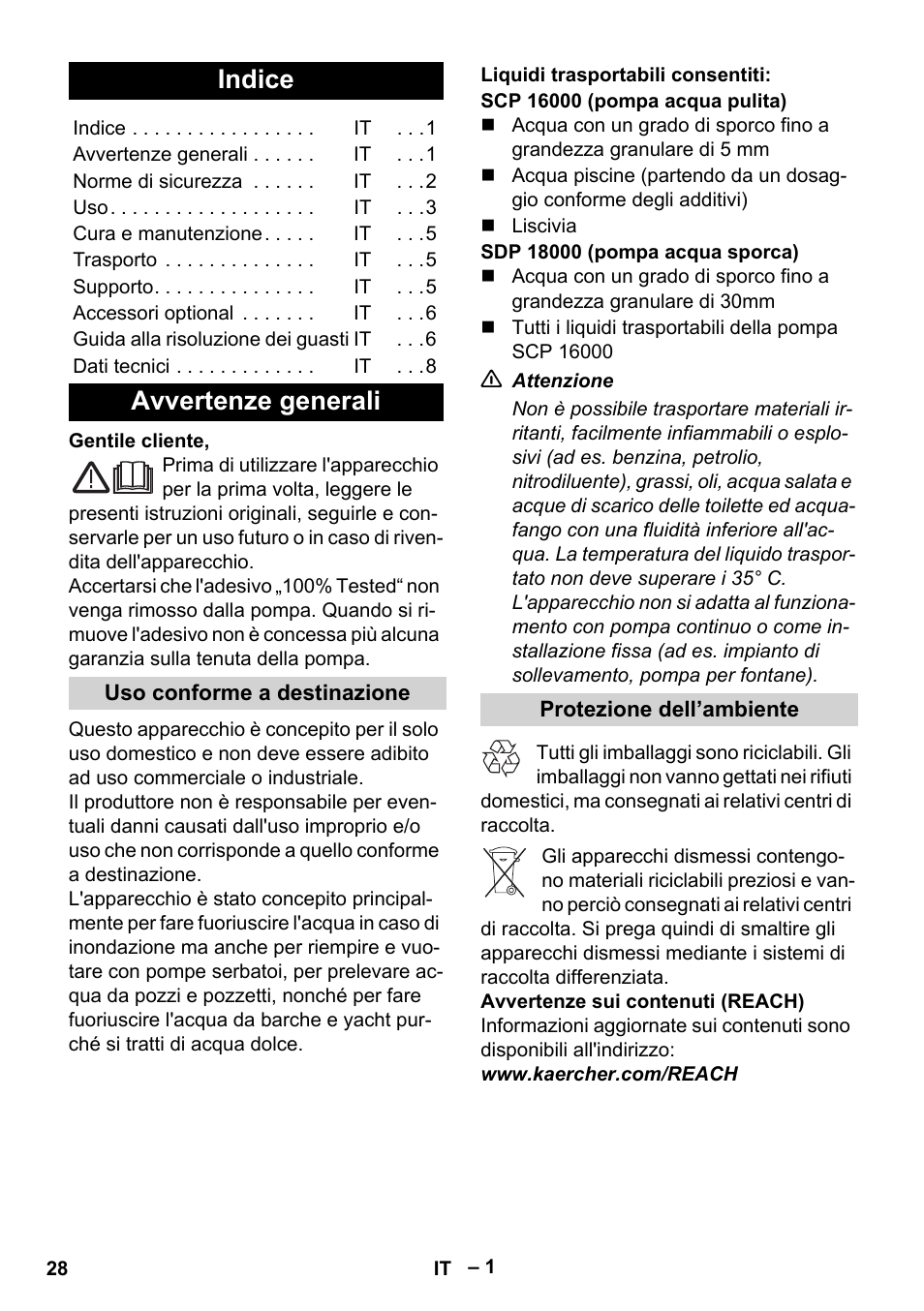 Italiano, Indice, Avvertenze generali | Uso conforme a destinazione, Liquidi trasportabili consentiti, Protezione dell’ambiente | Karcher SCP 16000 IQ Level Sensor User Manual | Page 28 / 76