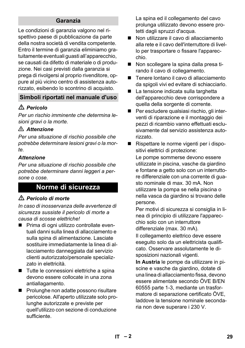 Garanzia, Simboli riportati nel manuale d'uso, Norme di sicurezza | Karcher SCP 16000 IQ Level Sensor User Manual | Page 29 / 76