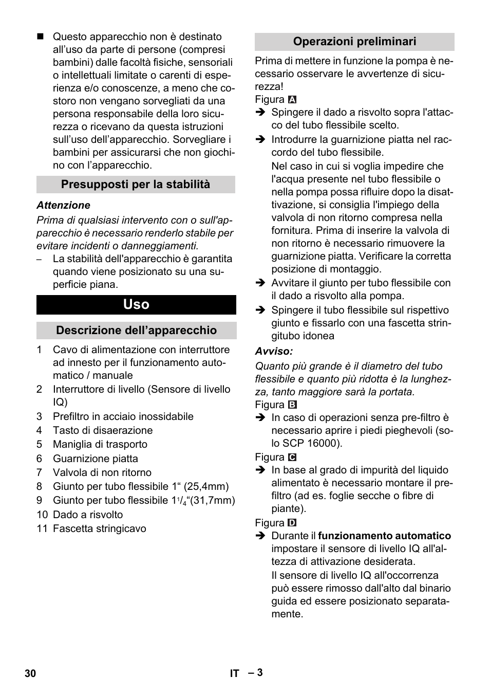 Presupposti per la stabilità, Descrizione dell’apparecchio, Operazioni preliminari | Karcher SCP 16000 IQ Level Sensor User Manual | Page 30 / 76