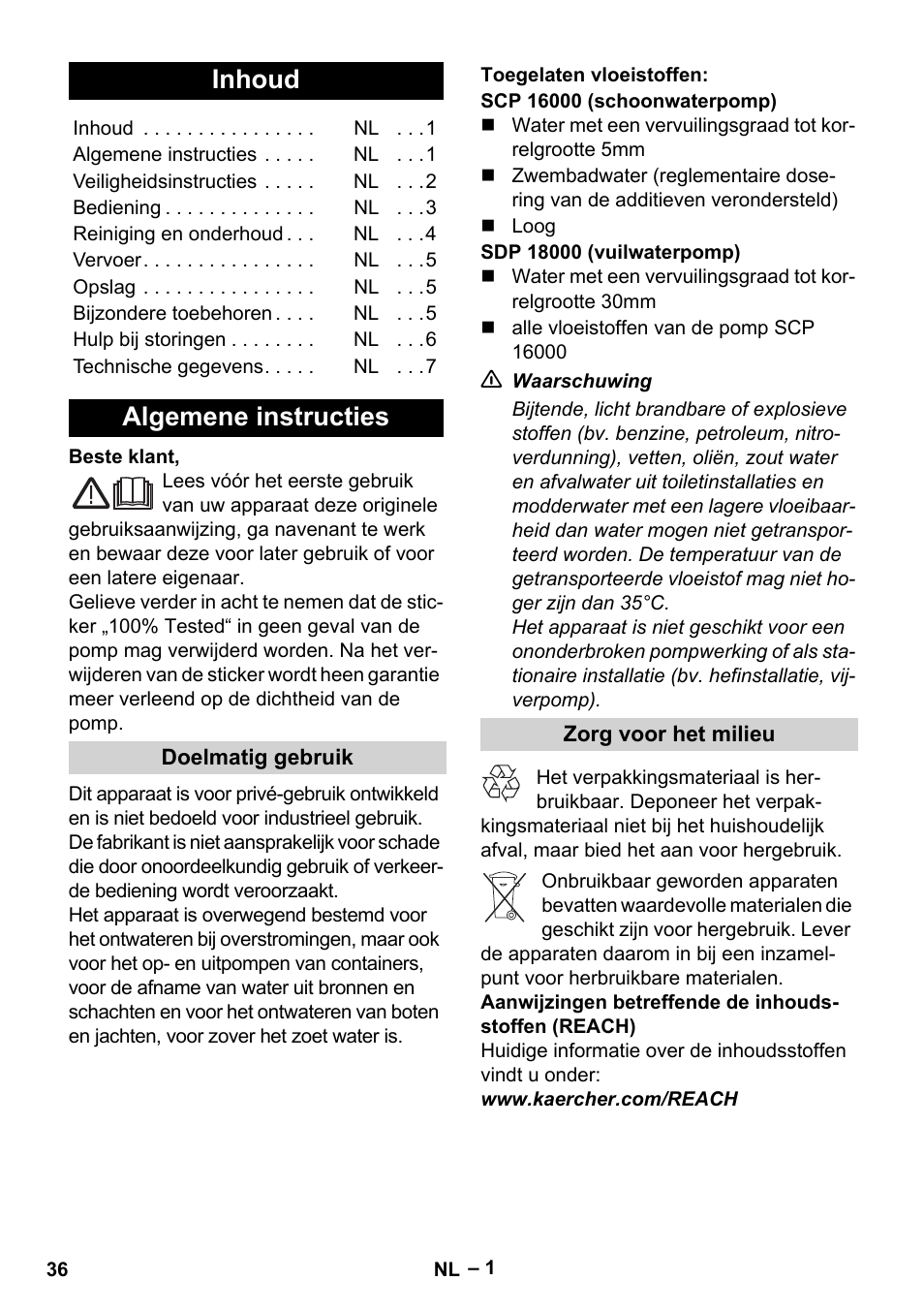 Nederlands, Inhoud, Algemene instructies | Doelmatig gebruik, Toegelaten vloeistoffen, Zorg voor het milieu | Karcher SCP 16000 IQ Level Sensor User Manual | Page 36 / 76