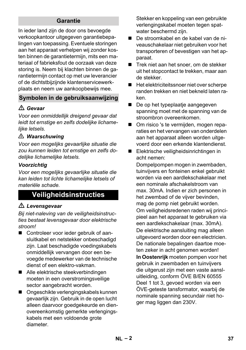 Garantie, Symbolen in de gebruiksaanwijzing, Veiligheidsinstructies | Karcher SCP 16000 IQ Level Sensor User Manual | Page 37 / 76