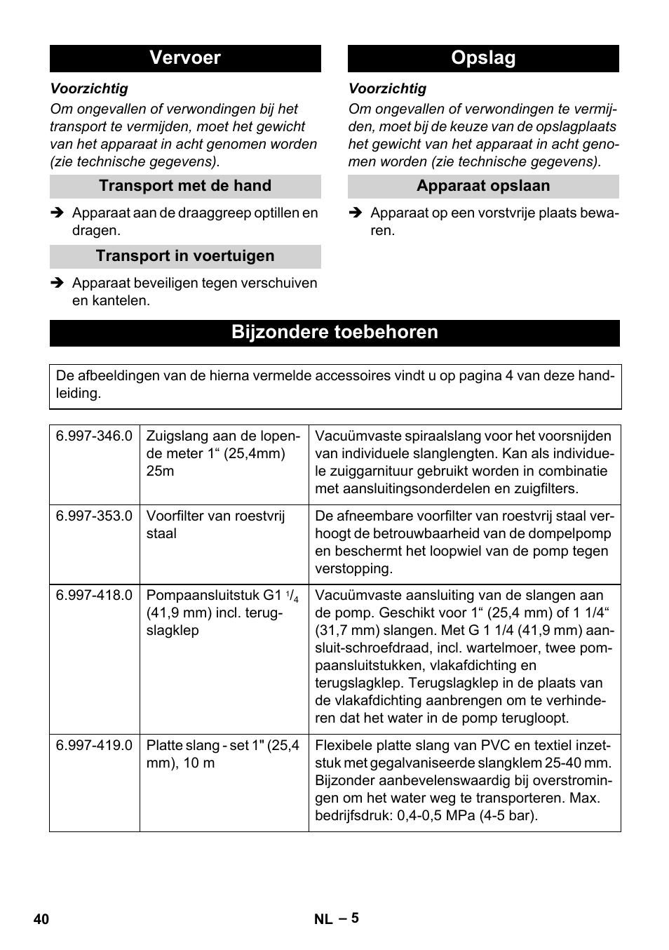 Vervoer, Transport met de hand, Transport in voertuigen | Opslag, Apparaat opslaan, Bijzondere toebehoren | Karcher SCP 16000 IQ Level Sensor User Manual | Page 40 / 76