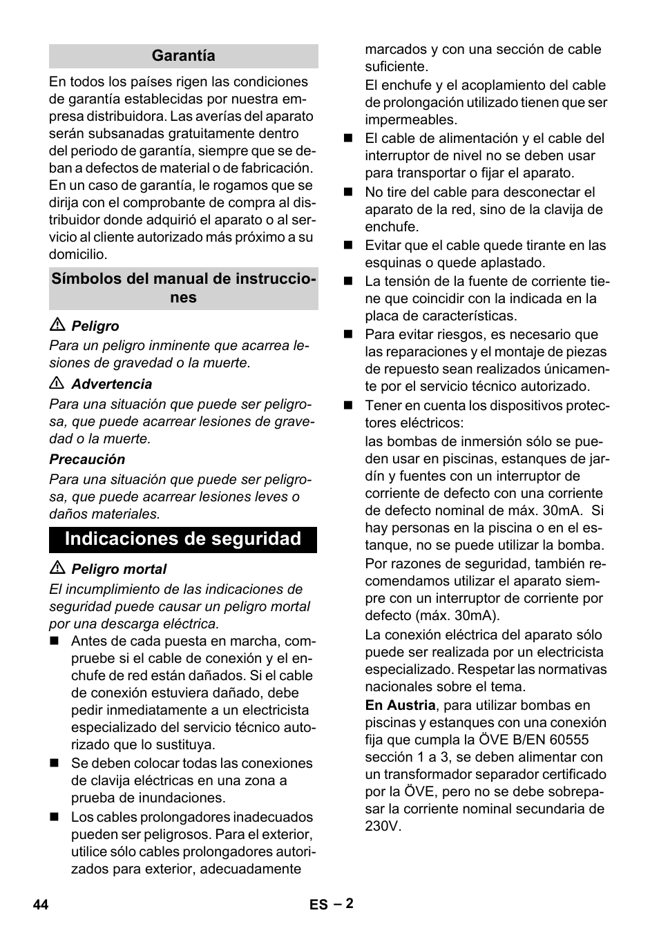 Garantía, Símbolos del manual de instrucciones, Indicaciones de seguridad | Karcher SCP 16000 IQ Level Sensor User Manual | Page 44 / 76