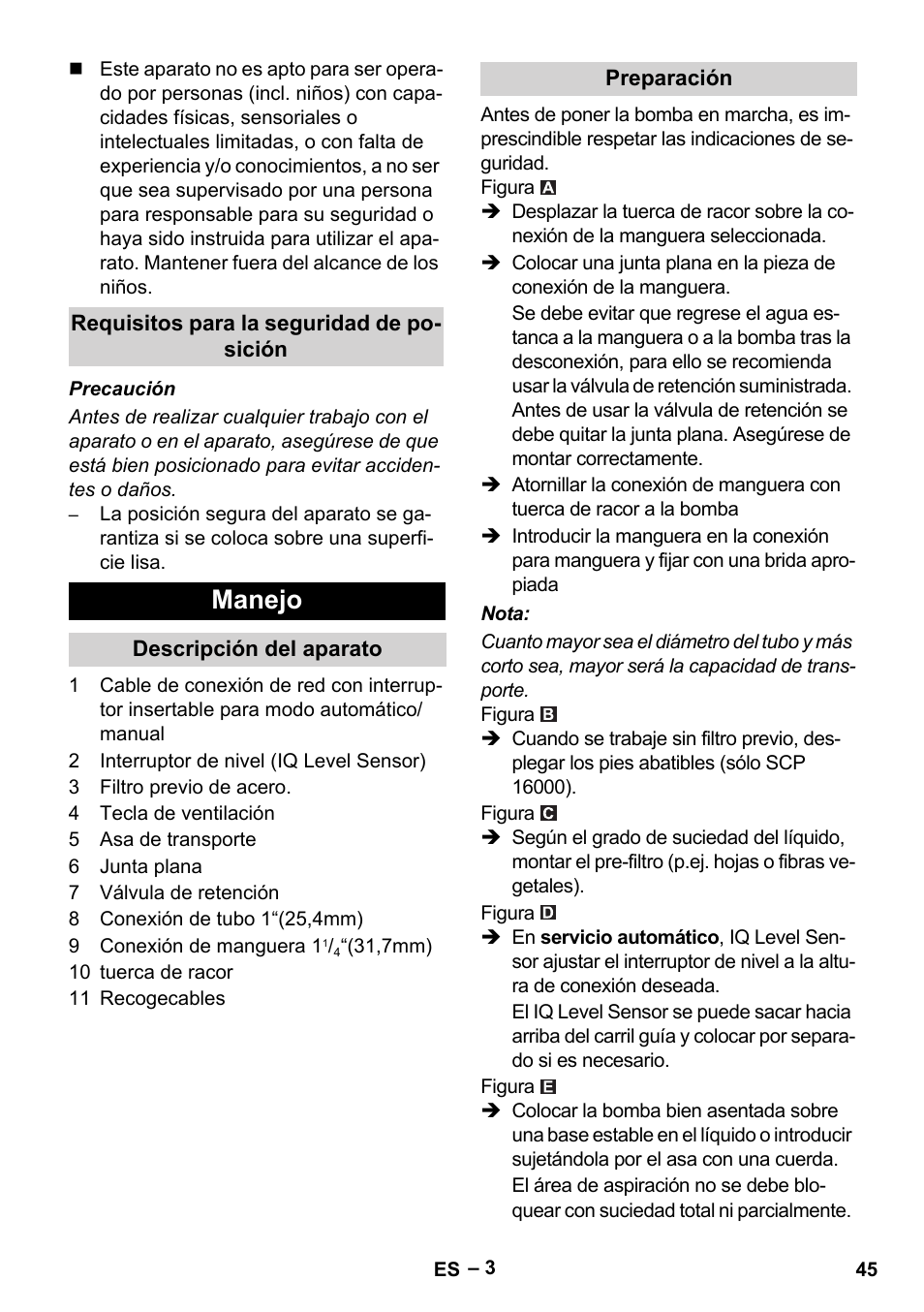 Requisitos para la seguridad de posición, Manejo, Descripción del aparato | Preparación | Karcher SCP 16000 IQ Level Sensor User Manual | Page 45 / 76