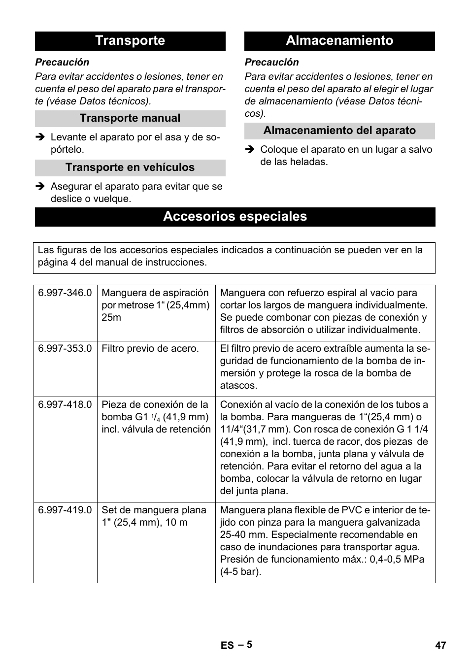 Transporte, Transporte manual, Transporte en vehículos | Almacenamiento, Almacenamiento del aparato, Accesorios especiales | Karcher SCP 16000 IQ Level Sensor User Manual | Page 47 / 76