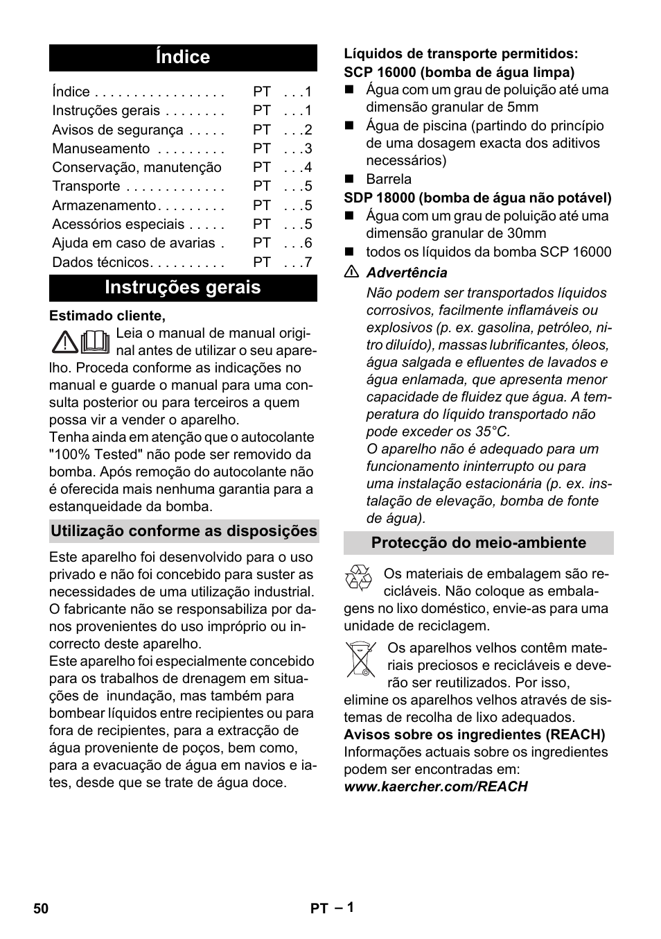 Português, Índice, Instruções gerais | Utilização conforme as disposições, Líquidos de transporte permitidos, Protecção do meio-ambiente | Karcher SCP 16000 IQ Level Sensor User Manual | Page 50 / 76