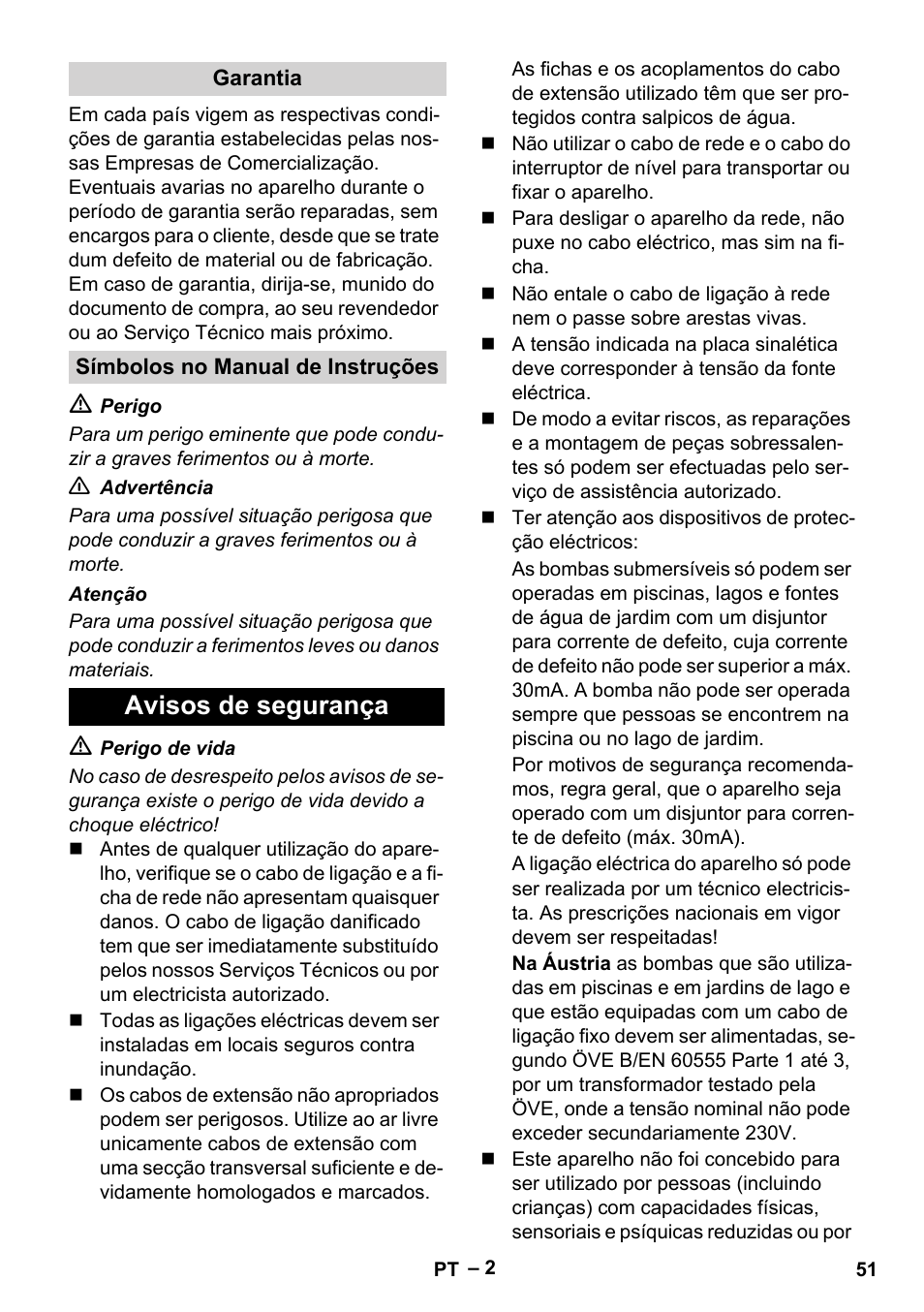 Garantia, Símbolos no manual de instruções, Avisos de segurança | Karcher SCP 16000 IQ Level Sensor User Manual | Page 51 / 76