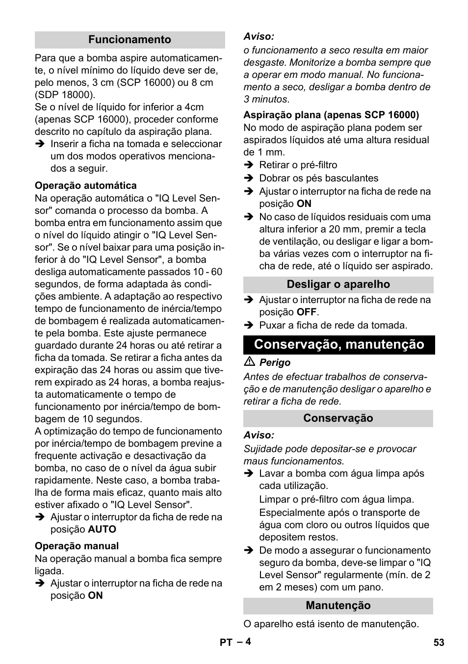 Funcionamento, Operação automática, Operação manual | Aspiração plana (apenas scp 16000), Desligar o aparelho, Conservação, manutenção, Conservação, Manutenção | Karcher SCP 16000 IQ Level Sensor User Manual | Page 53 / 76