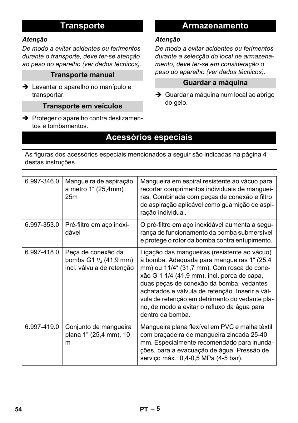 Transporte, Transporte manual, Transporte em veículos | Armazenamento, Guardar a máquina, Acessórios especiais | Karcher SCP 16000 IQ Level Sensor User Manual | Page 54 / 76