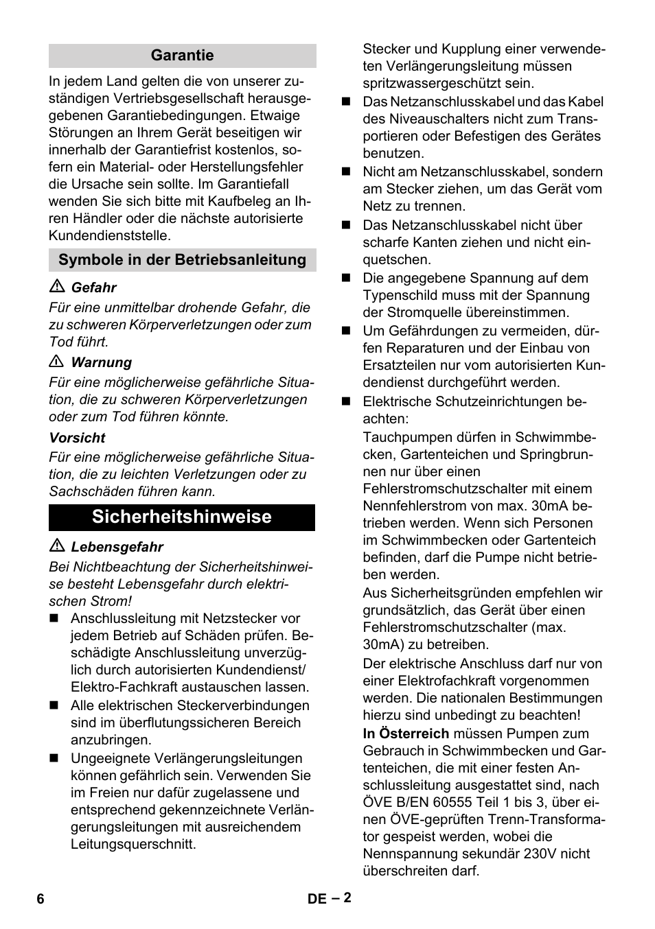 Garantie, Symbole in der betriebsanleitung, Sicherheitshinweise | Karcher SCP 16000 IQ Level Sensor User Manual | Page 6 / 76