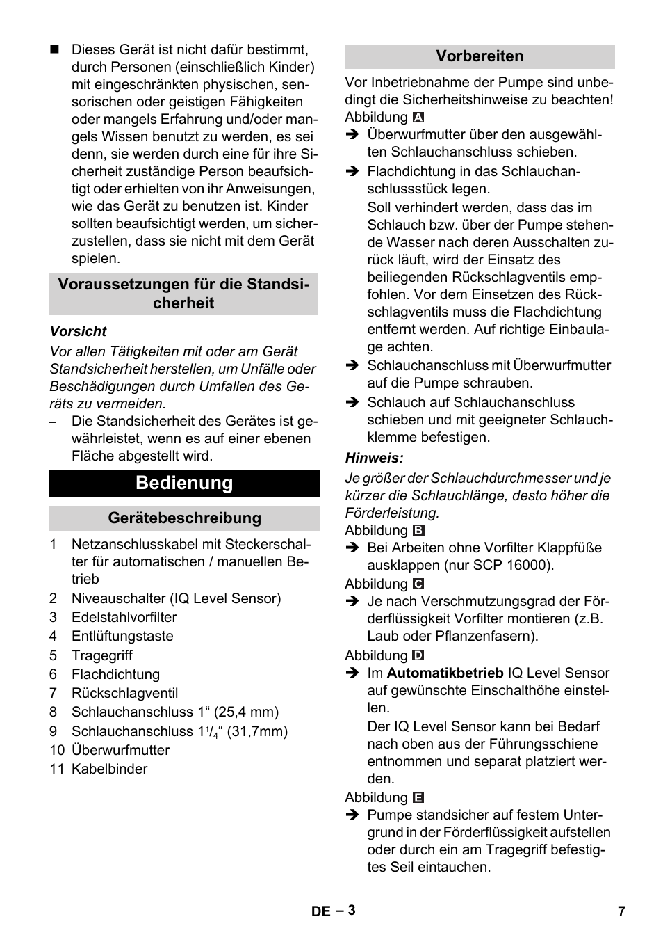 Voraussetzungen für die standsicherheit, Bedienung, Gerätebeschreibung | Vorbereiten | Karcher SCP 16000 IQ Level Sensor User Manual | Page 7 / 76