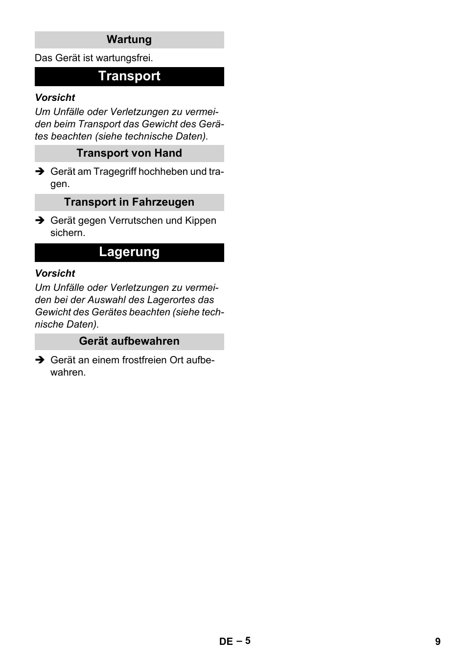 Wartung, Transport, Transport von hand | Transport in fahrzeugen, Lagerung, Gerät aufbewahren | Karcher SCP 16000 IQ Level Sensor User Manual | Page 9 / 76