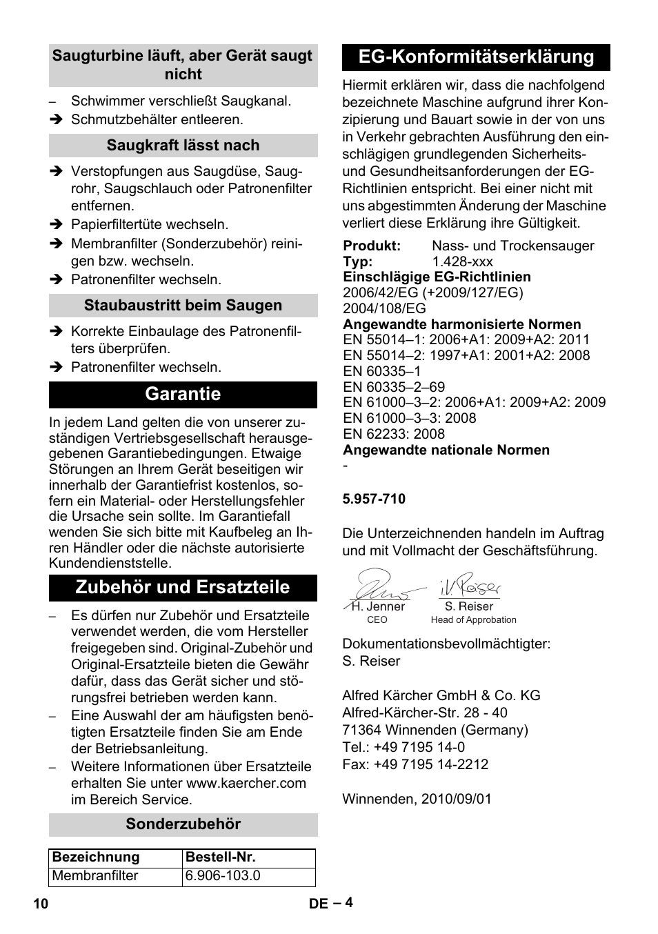 Saugturbine läuft, aber gerät saugt nicht, Saugkraft lässt nach, Staubaustritt beim saugen | Garantie, Zubehör und ersatzteile, Sonderzubehör, Eg-konformitätserklärung, Garantie zubehör und ersatzteile | Karcher NT 48-1 Te User Manual | Page 10 / 156