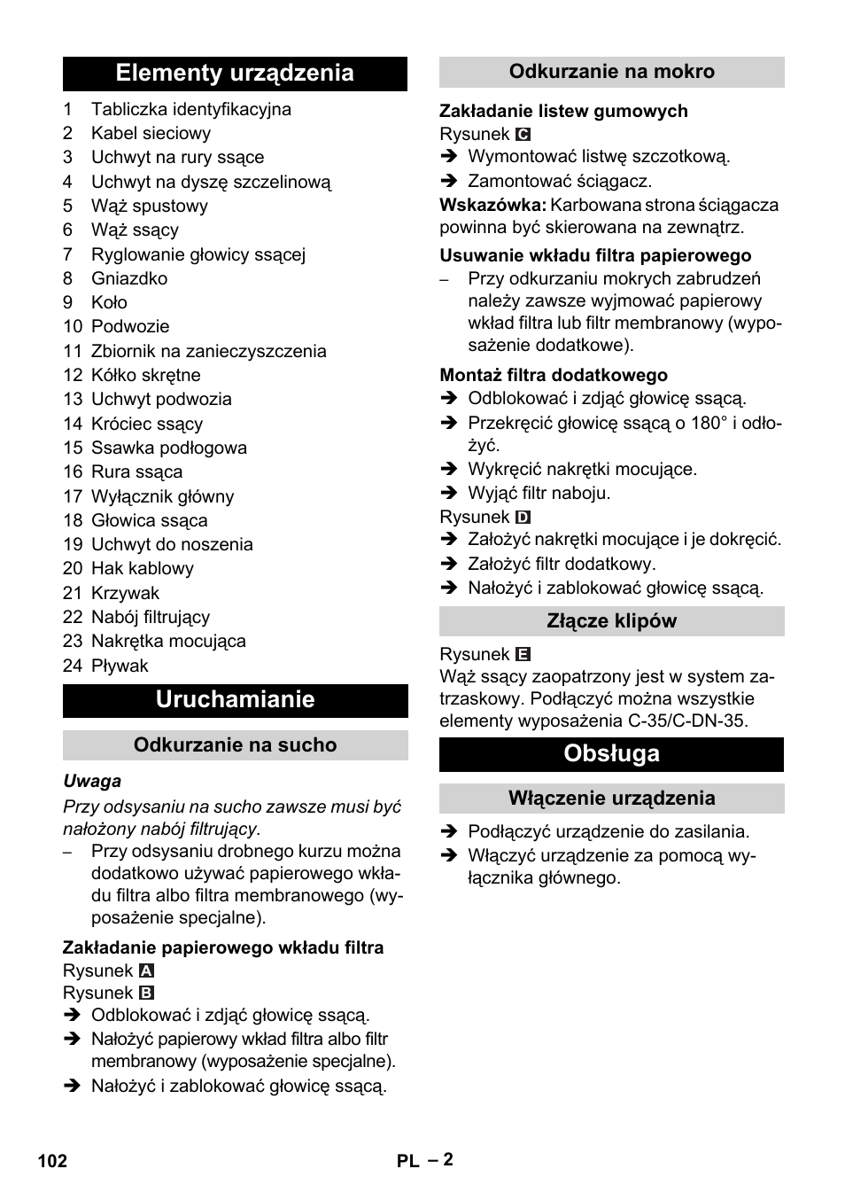 Elementy urządzenia, Uruchamianie, Odkurzanie na sucho | Zakładanie papierowego wkładu filtra, Odkurzanie na mokro, Zakładanie listew gumowych, Usuwanie wkładu filtra papierowego, Montaż filtra dodatkowego, Złącze klipów, Obsługa | Karcher NT 48-1 Te User Manual | Page 102 / 156