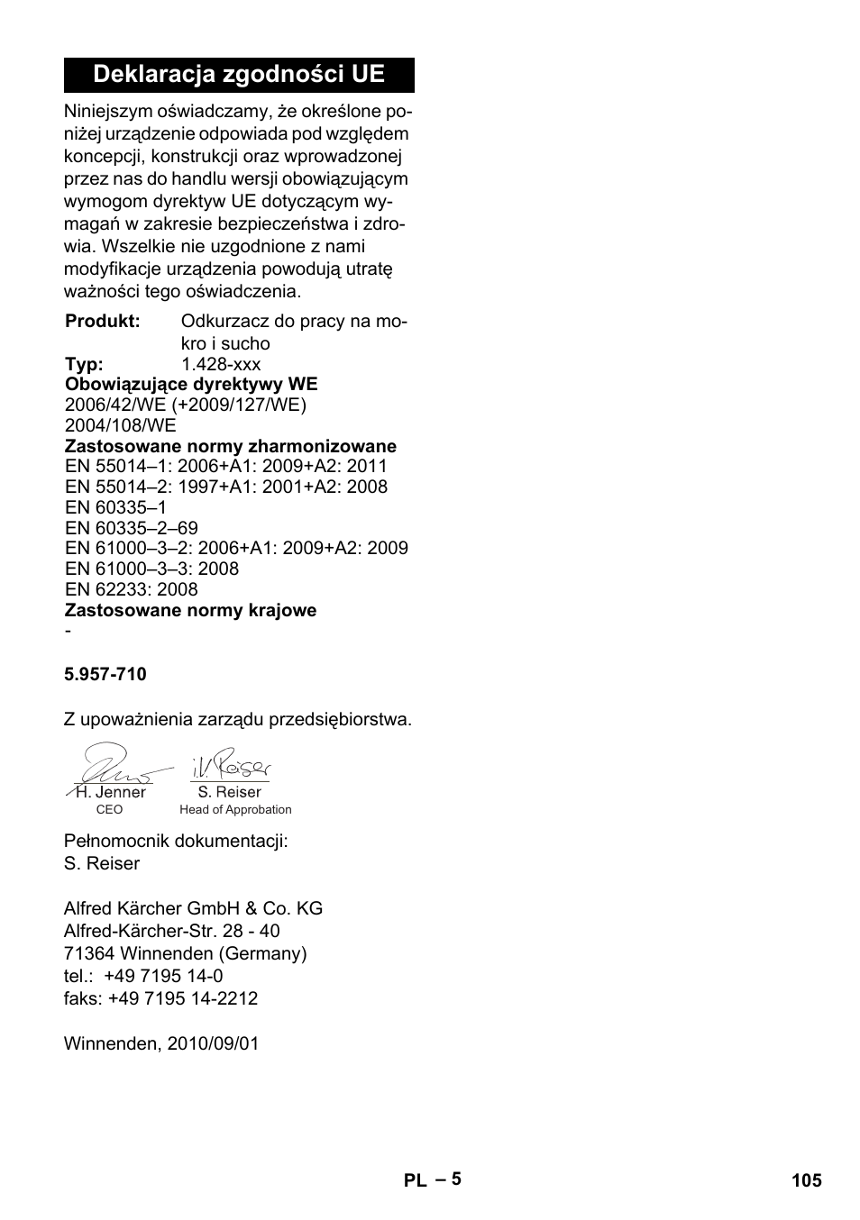 Deklaracja zgodności ue | Karcher NT 48-1 Te User Manual | Page 105 / 156