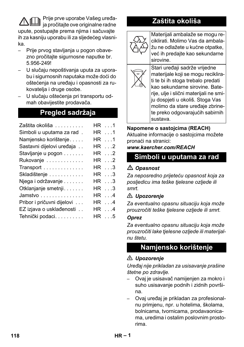 Hrvatski, Pregled sadržaja, Zaštita okoliša | Simboli u uputama za rad, Namjensko korištenje, Simboli u uputama za rad namjensko korištenje | Karcher NT 48-1 Te User Manual | Page 118 / 156