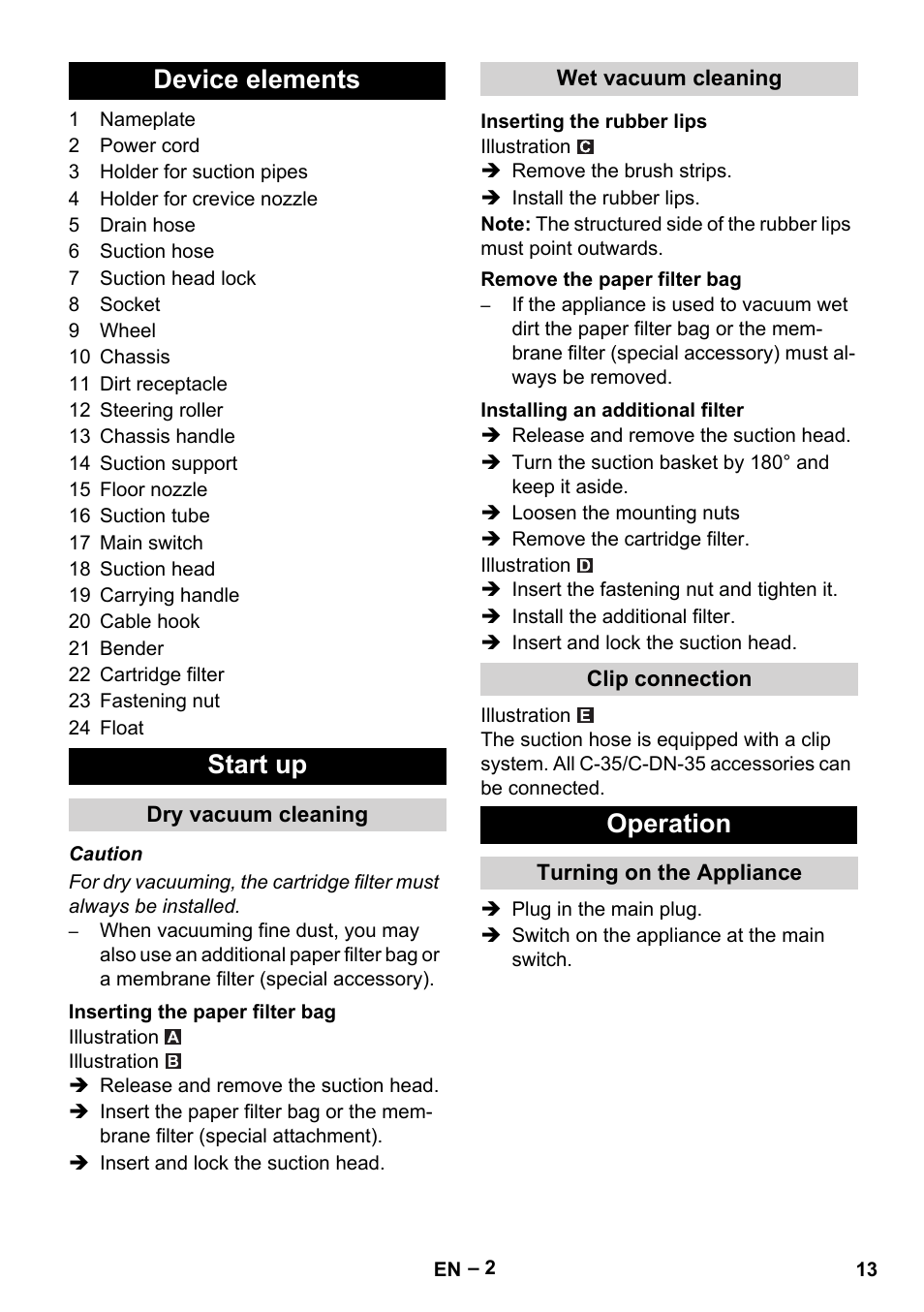 Device elements, Start up, Dry vacuum cleaning | Inserting the paper filter bag, Wet vacuum cleaning, Inserting the rubber lips, Remove the paper filter bag, Installing an additional filter, Clip connection, Operation | Karcher NT 48-1 Te User Manual | Page 13 / 156