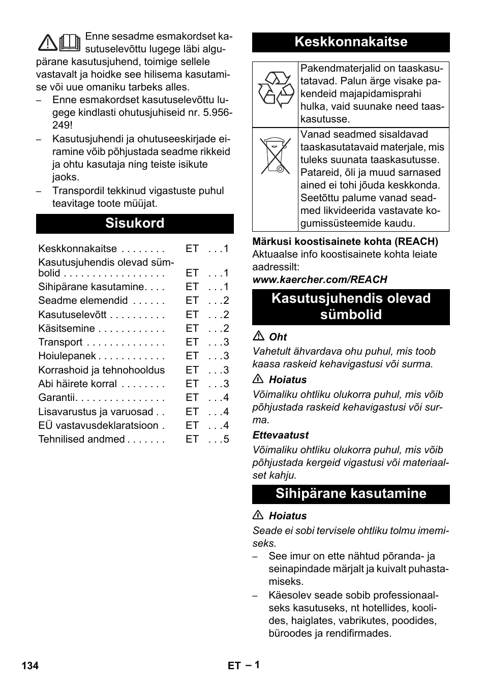 Eesti, Sisukord, Keskkonnakaitse | Kasutusjuhendis olevad sümbolid, Sihipärane kasutamine | Karcher NT 48-1 Te User Manual | Page 134 / 156