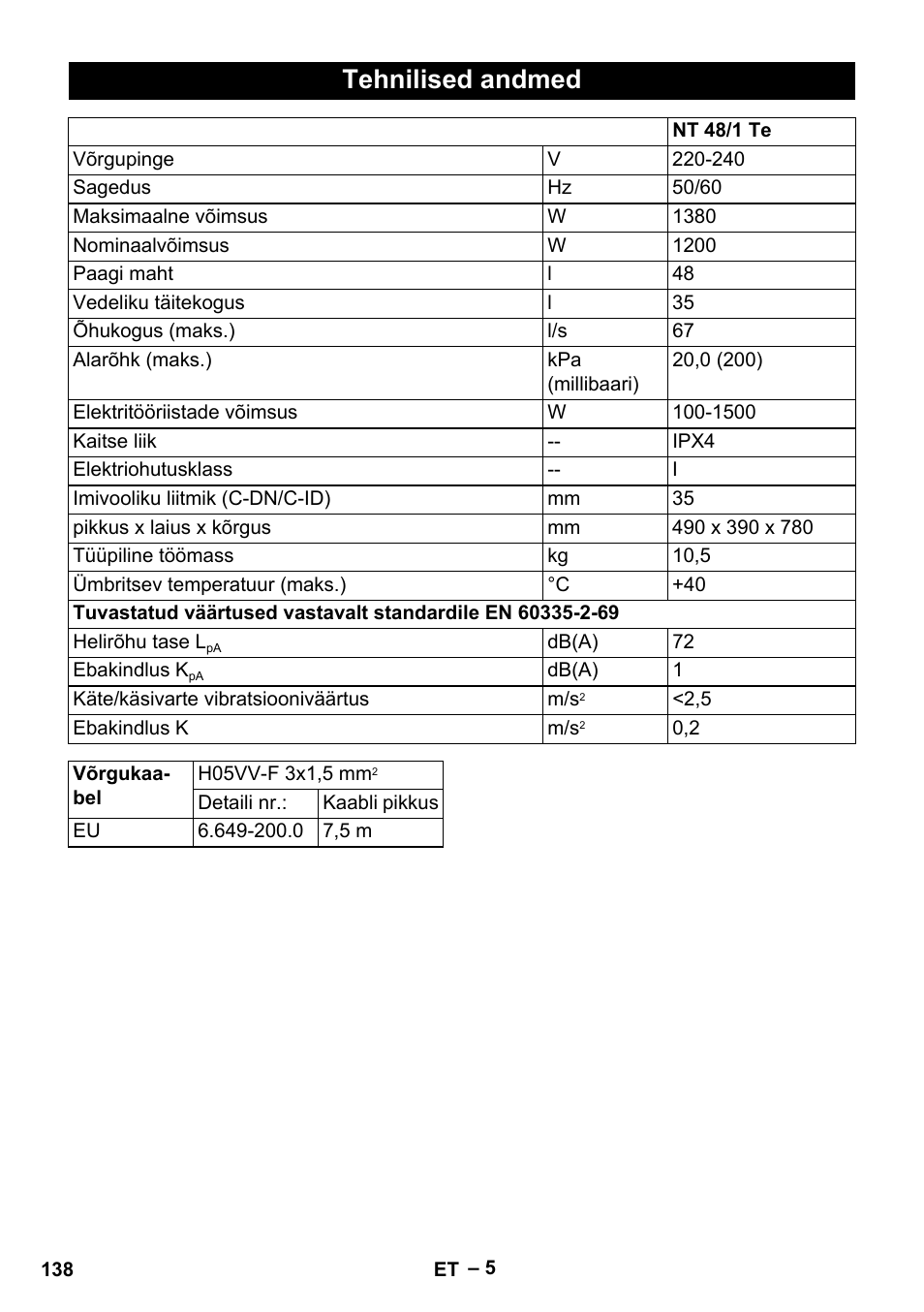 Tehnilised andmed | Karcher NT 48-1 Te User Manual | Page 138 / 156