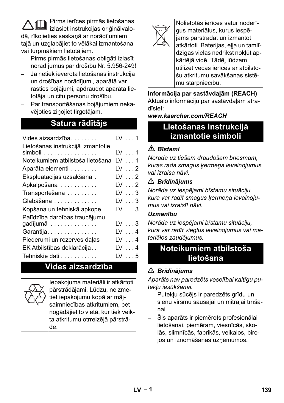 Latviešu, Satura rādītājs, Vides aizsardzība | Lietošanas instrukcijā izmantotie simboli, Noteikumiem atbilstoša lietošana | Karcher NT 48-1 Te User Manual | Page 139 / 156