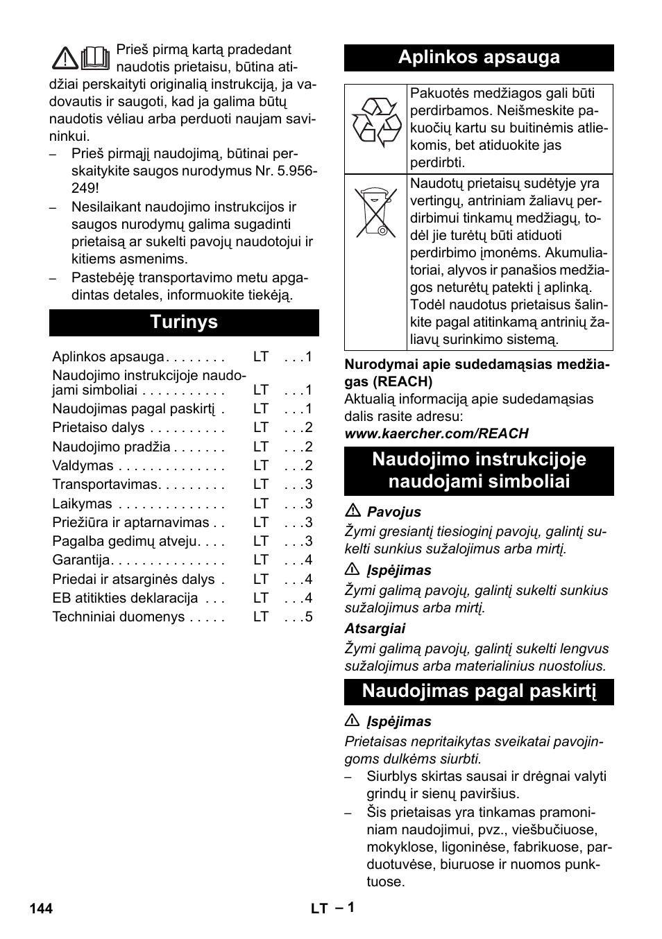 Lietuviškai, Turinys, Aplinkos apsauga | Naudojimo instrukcijoje naudojami simboliai, Naudojimas pagal paskirtį | Karcher NT 48-1 Te User Manual | Page 144 / 156