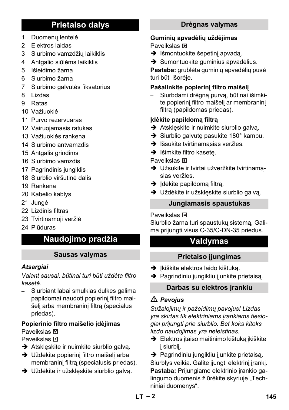 Prietaiso dalys, Naudojimo pradžia, Sausas valymas | Popierinio filtro maišelio įdėjimas, Drėgnas valymas, Guminių apvadėlių uždėjimas, Pašalinkite popierinį filtro maišelį, Įdėkite papildomą filtrą, Jungiamasis spaustukas, Valdymas | Karcher NT 48-1 Te User Manual | Page 145 / 156